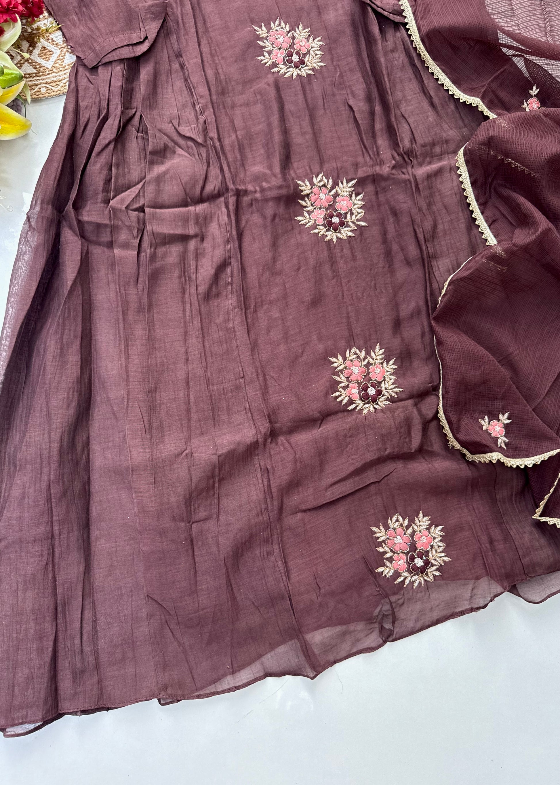 “YAHVI” Premium Rich Brown Mul Chanderi anarkali kurta set