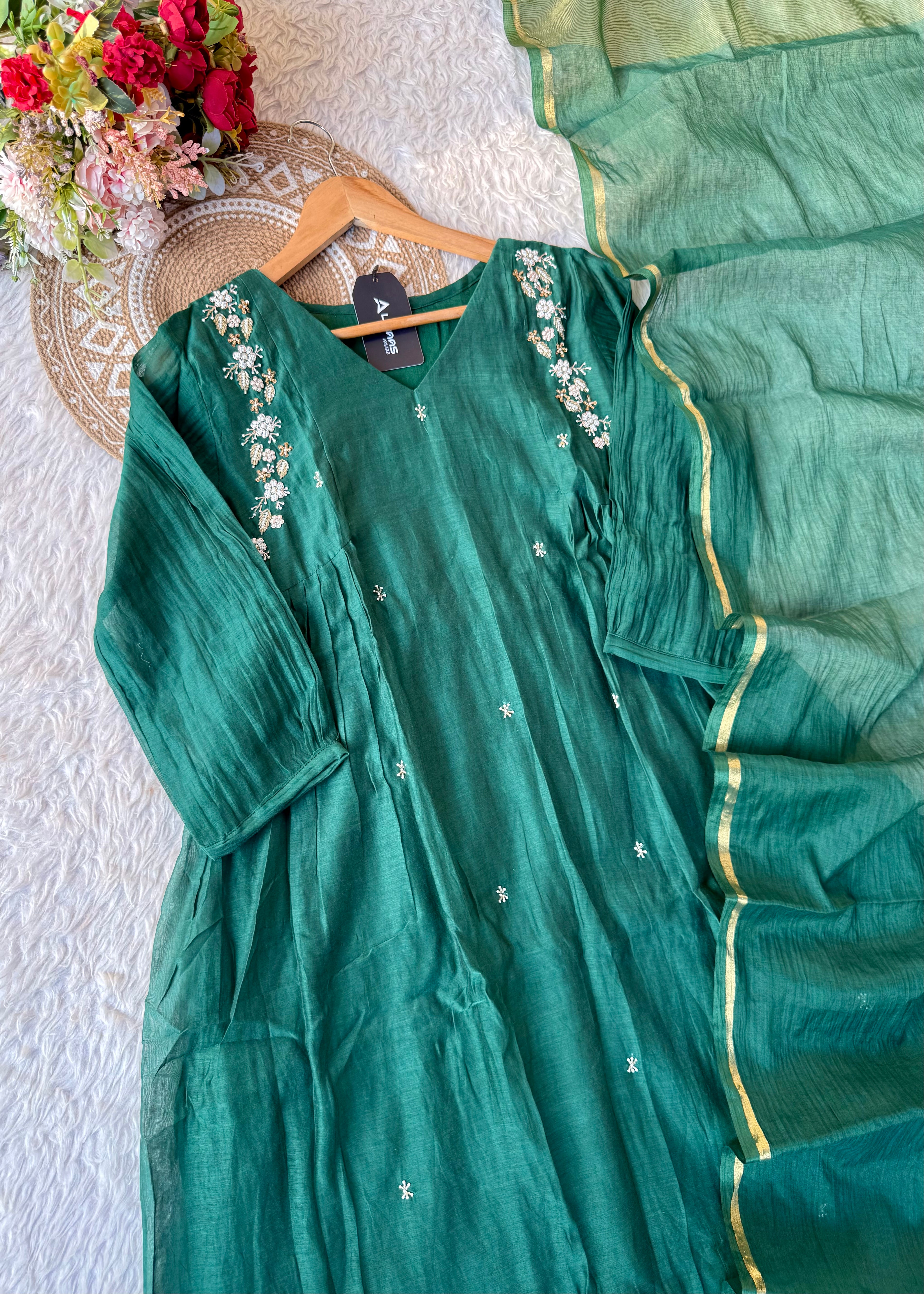 “Zayna” Pre Booking Premium Green Mul Chanderi anarkali kurta set