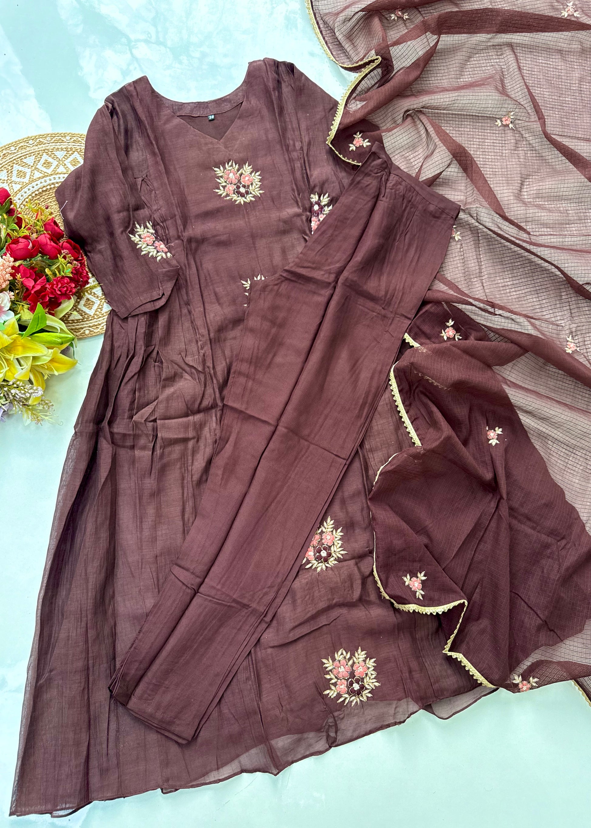 “YAHVI” Premium Rich Brown Mul Chanderi anarkali kurta set