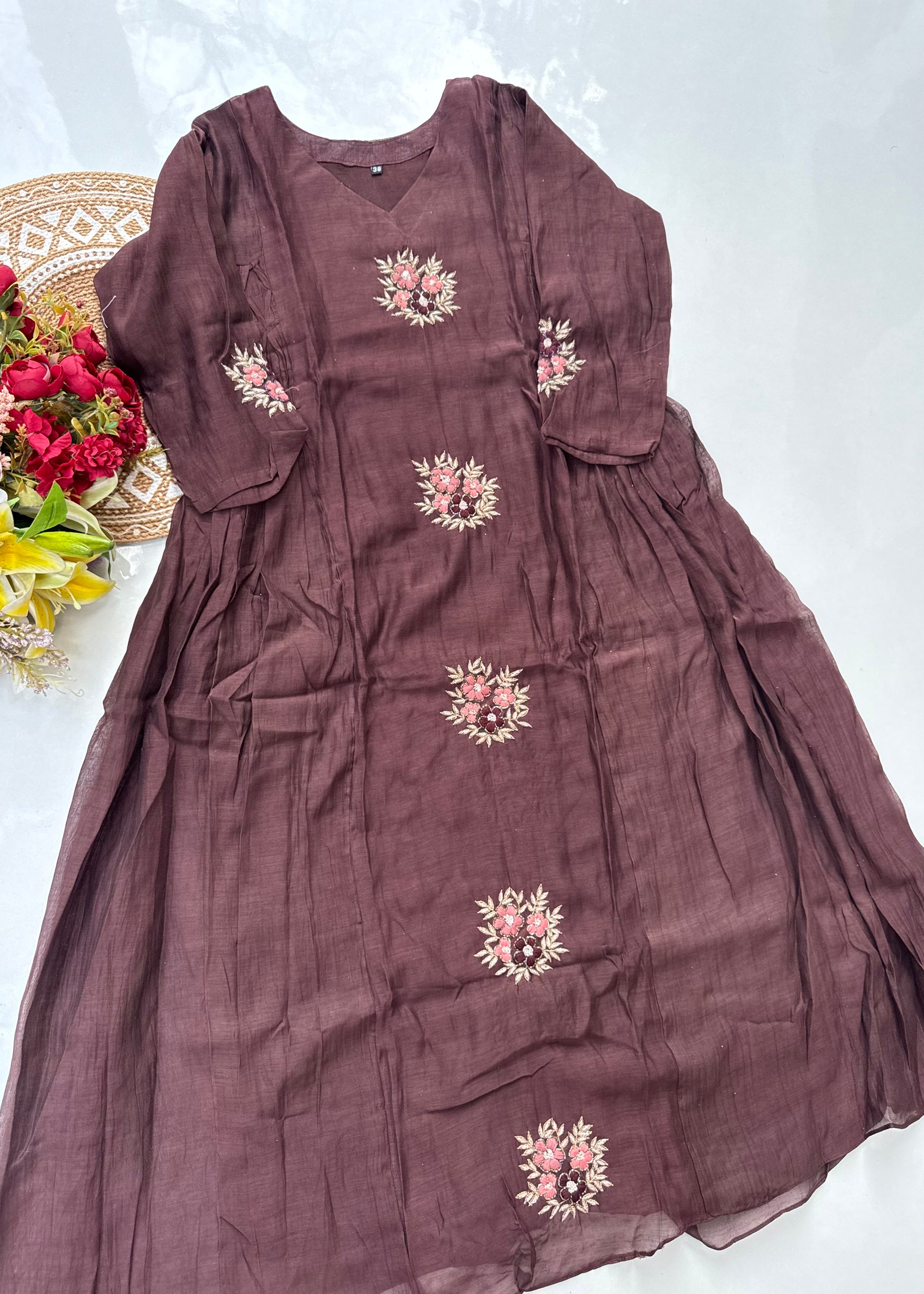“YAHVI” Premium Rich Brown Mul Chanderi anarkali kurta set