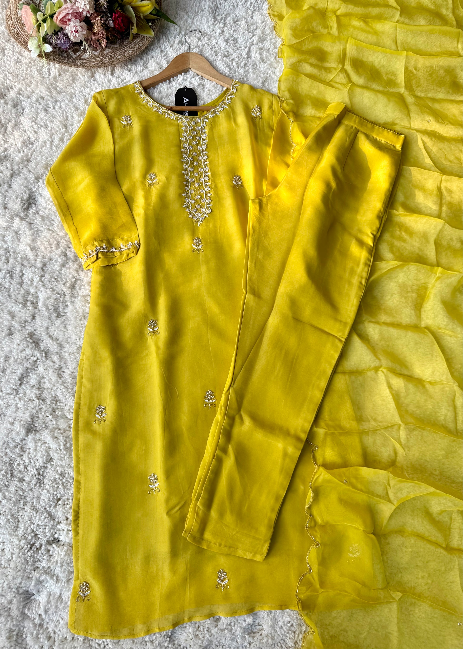 ✨ “Ariana – Mustard Yellow Premium Chinnon handwork kurta set
