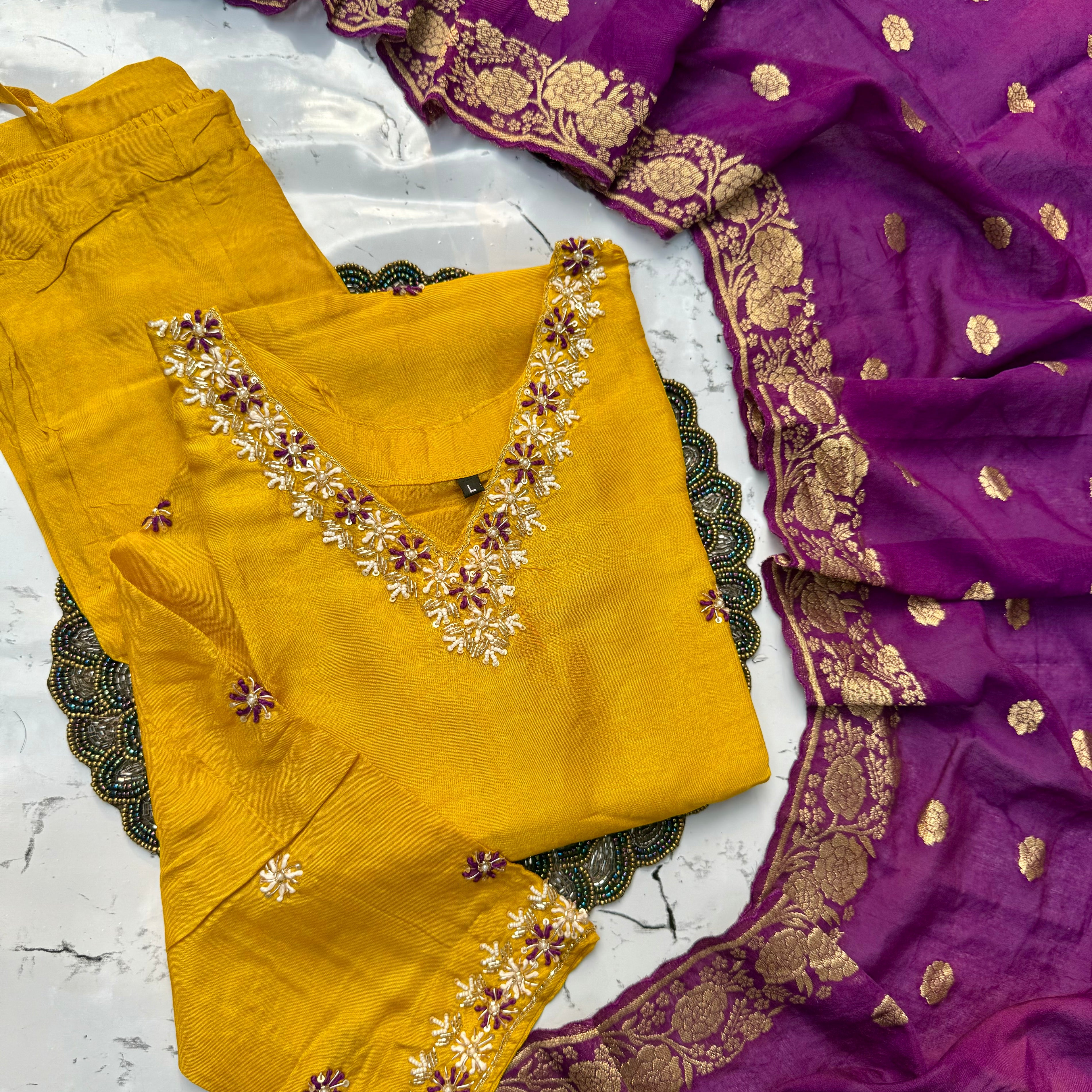 “Anannya” Beautiful Yellow V neck dola silk kurta set