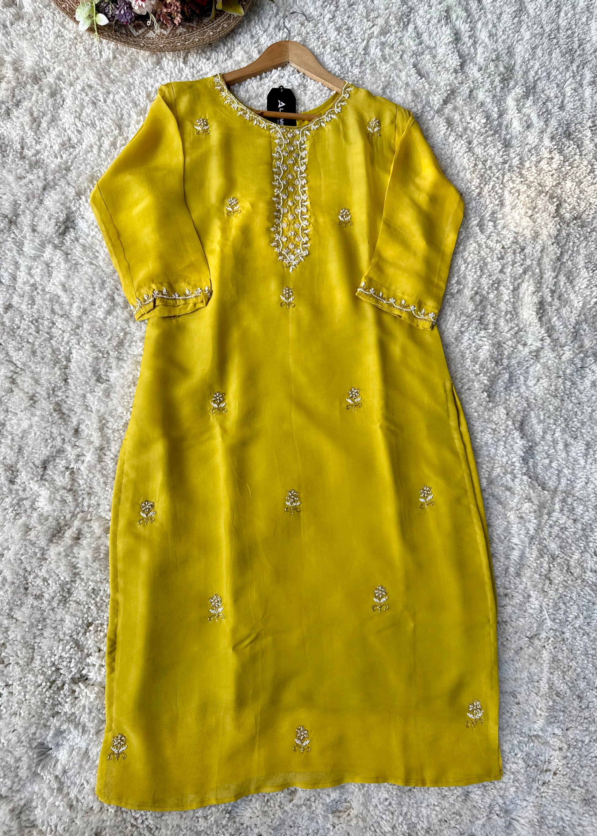 ✨ “Ariana – Mustard Yellow Premium Chinnon handwork kurta set