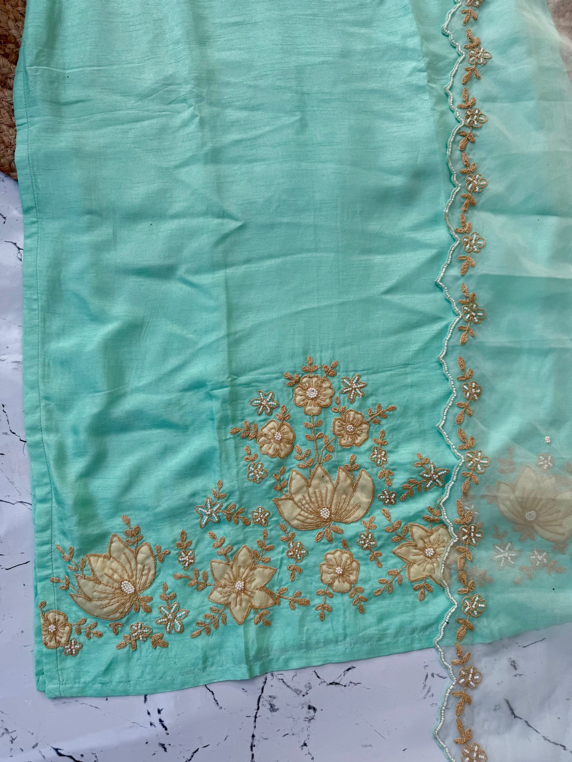 “Applique” Applique work handcrafted dola silk kurta set