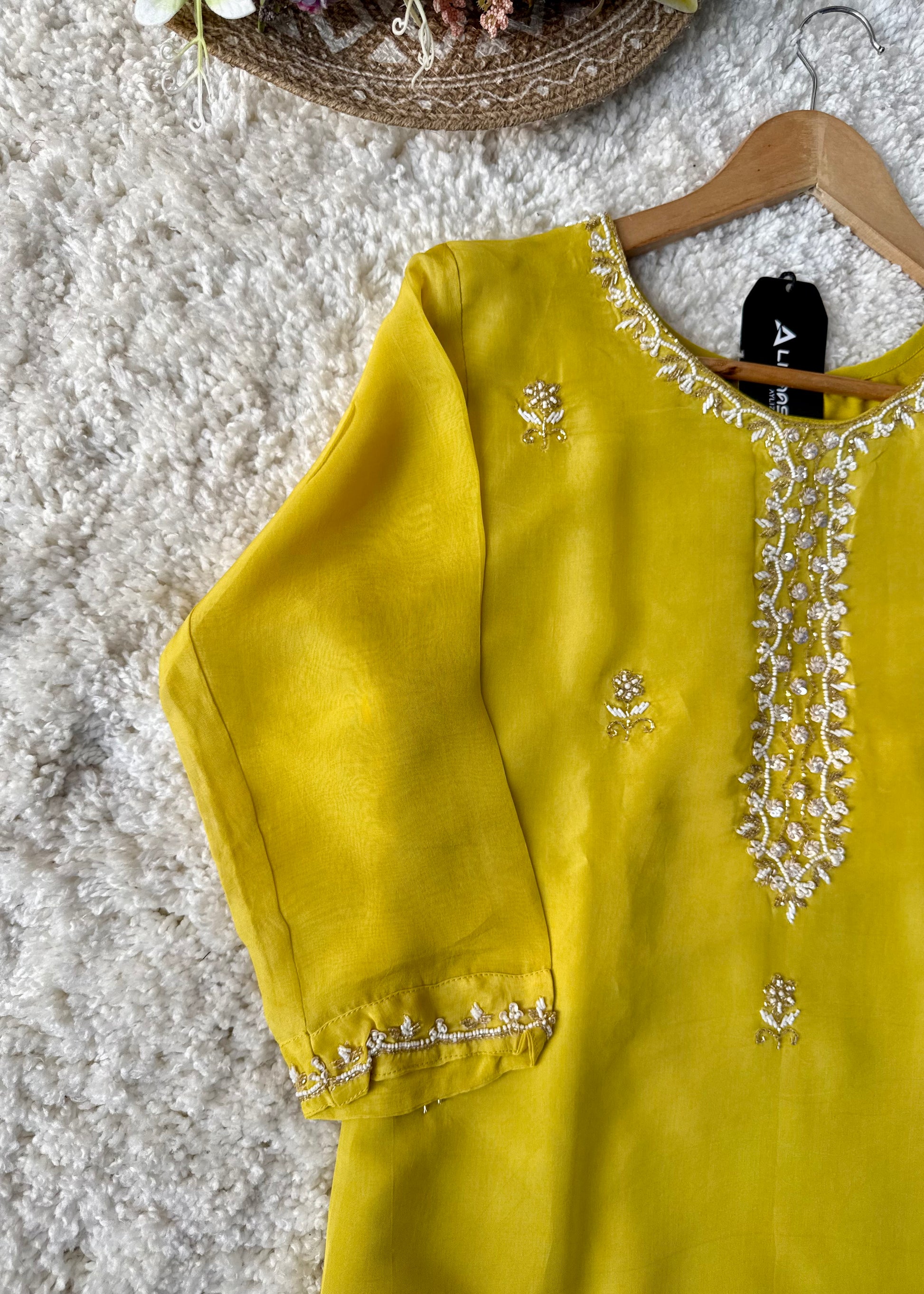 ✨ “Ariana – Mustard Yellow Premium Chinnon handwork kurta set