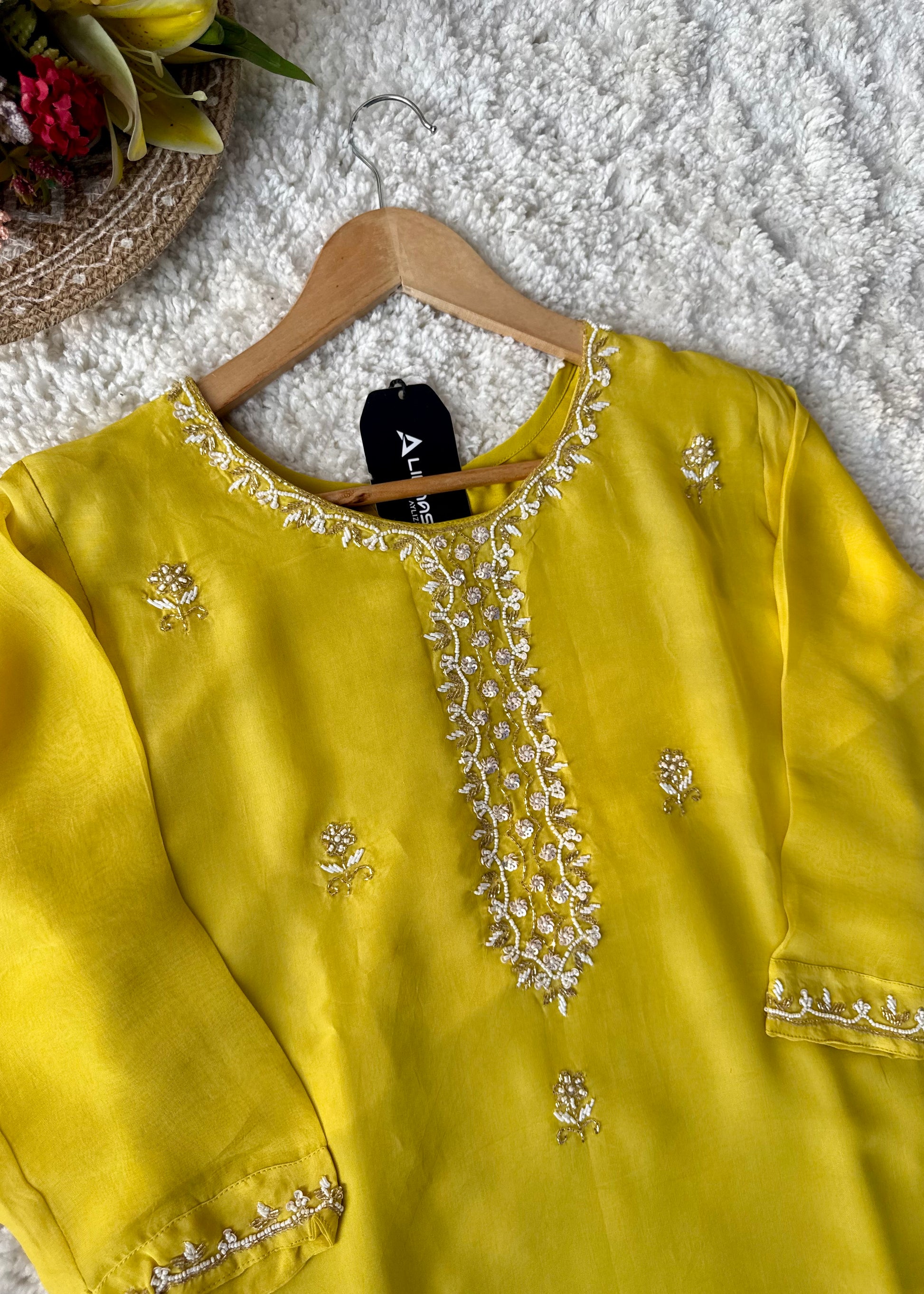 ✨ “Ariana – Mustard Yellow Premium Chinnon handwork kurta set