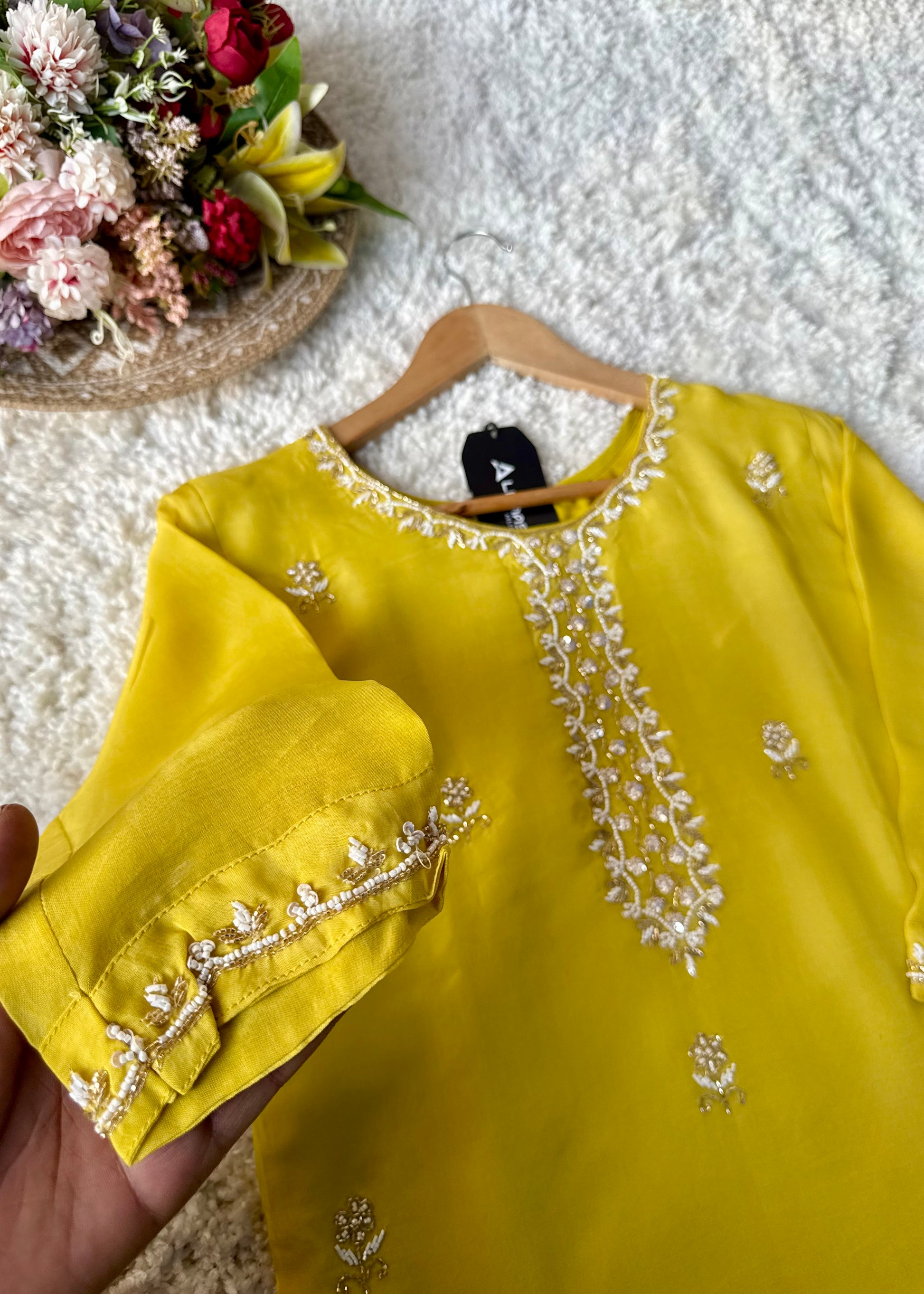 ✨ “Ariana – Mustard Yellow Premium Chinnon handwork kurta set