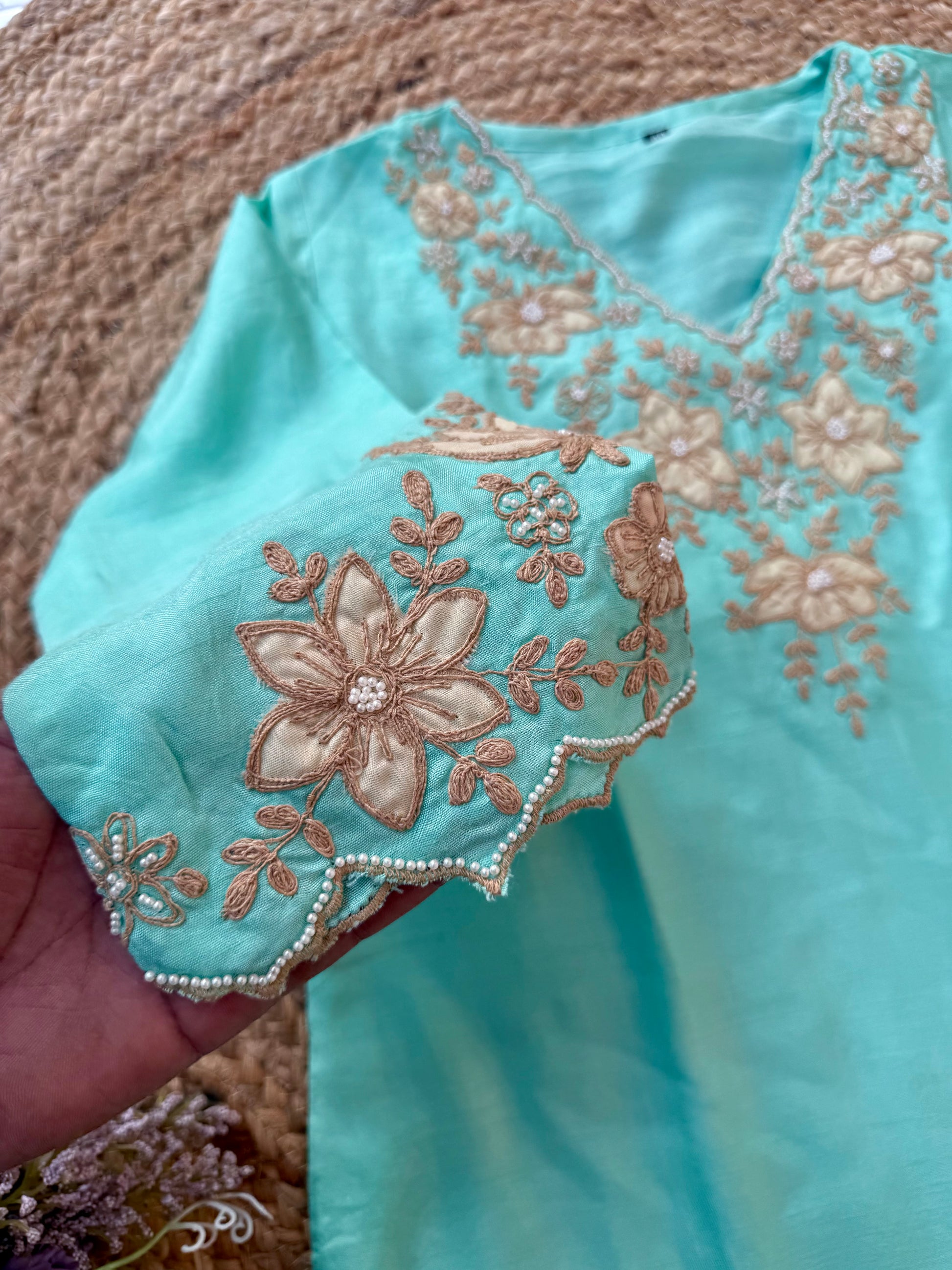 “Applique” Applique work handcrafted dola silk kurta set