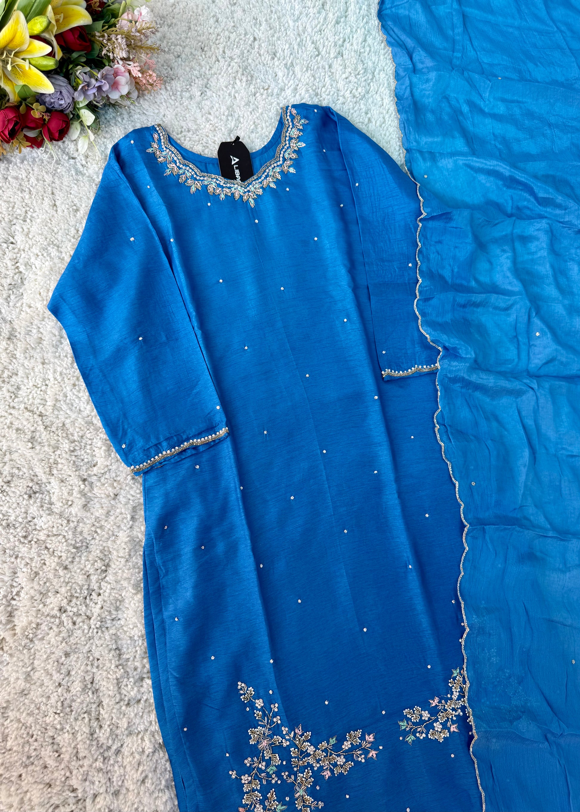 “Nitya” Premium Dola silk Kurta with Bottom & Dupatta