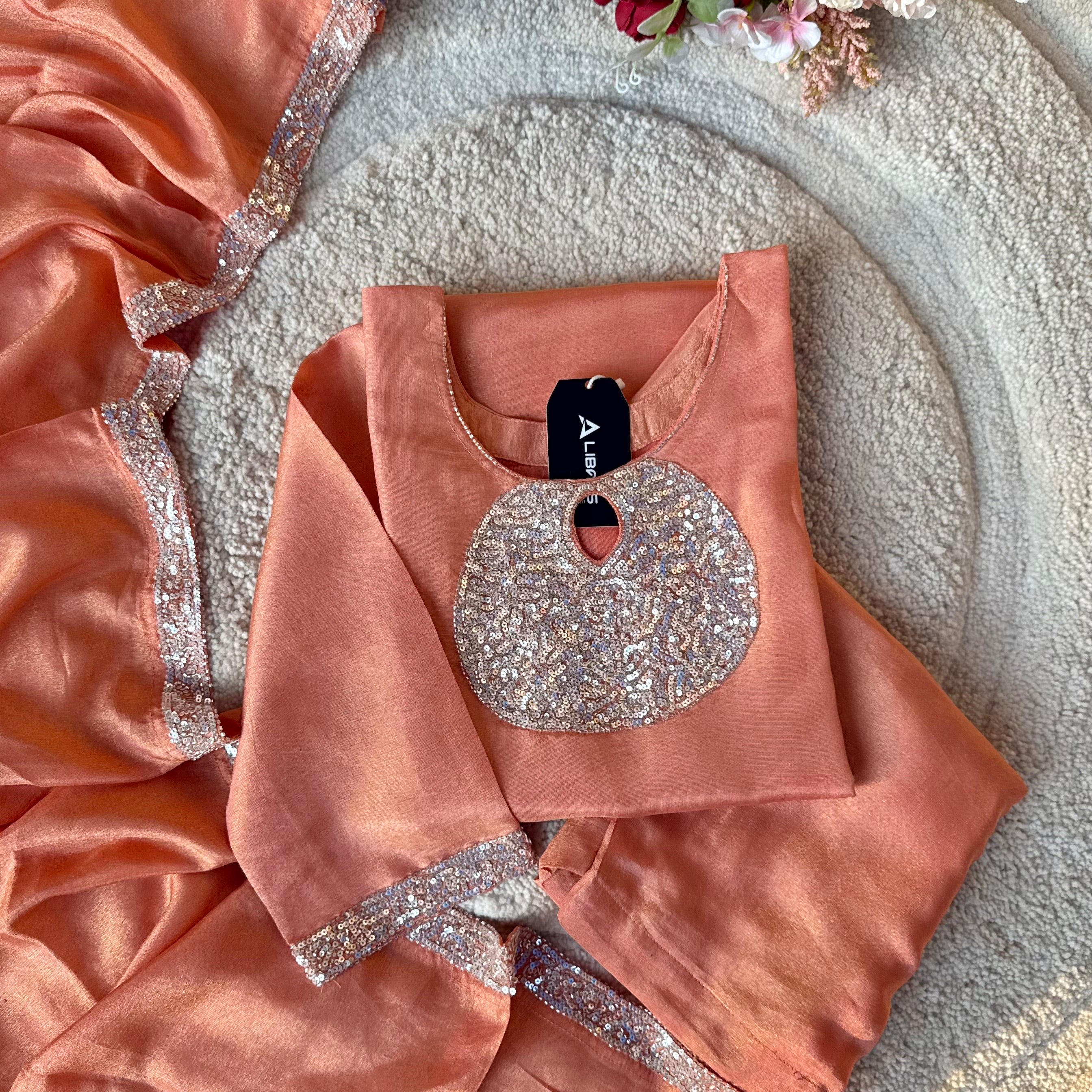 “SHINE” Beautiful Peach with gold tone shimmer tissue kurta set