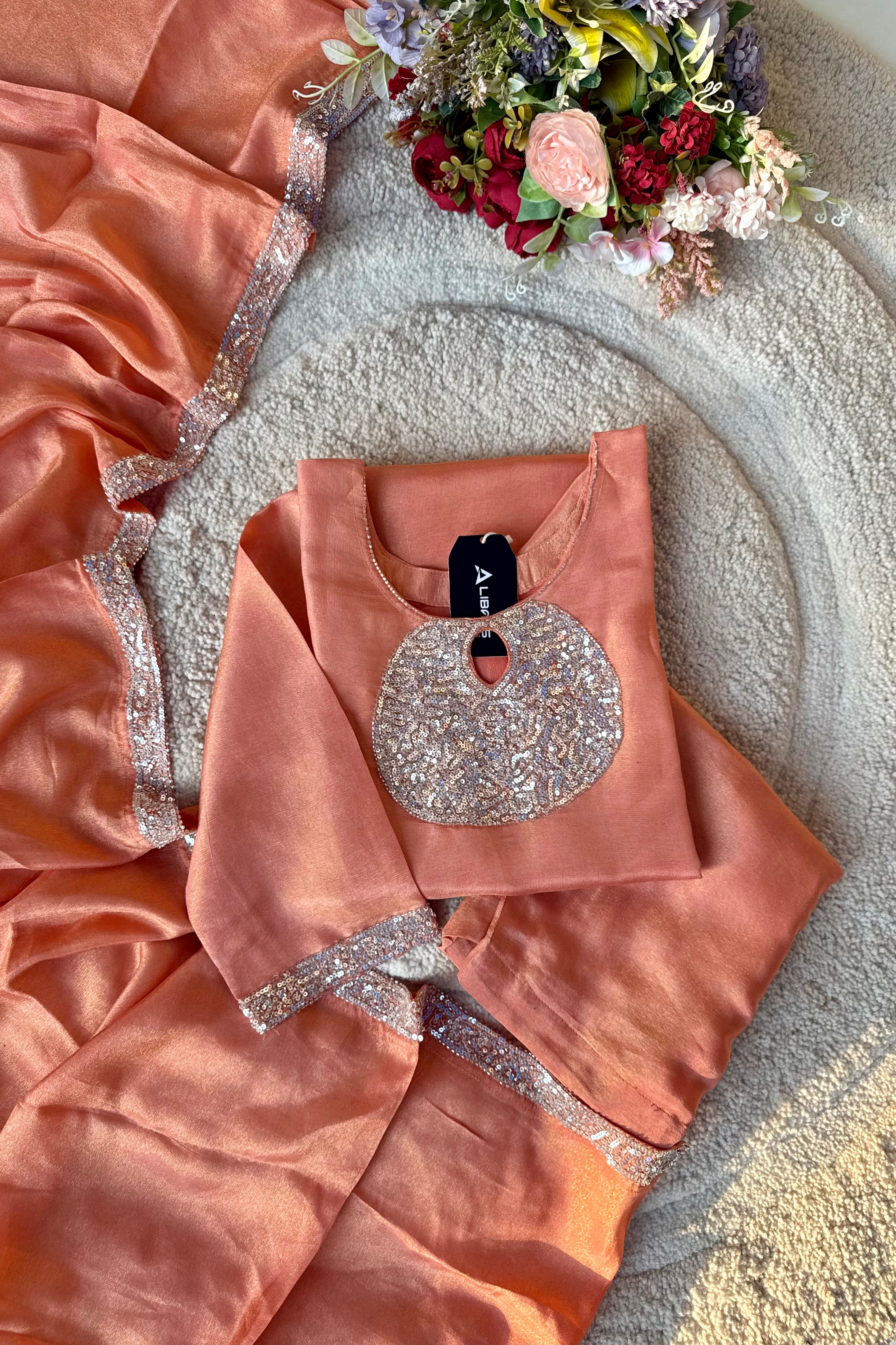 “SHINE” Beautiful Peach with gold tone shimmer tissue kurta set