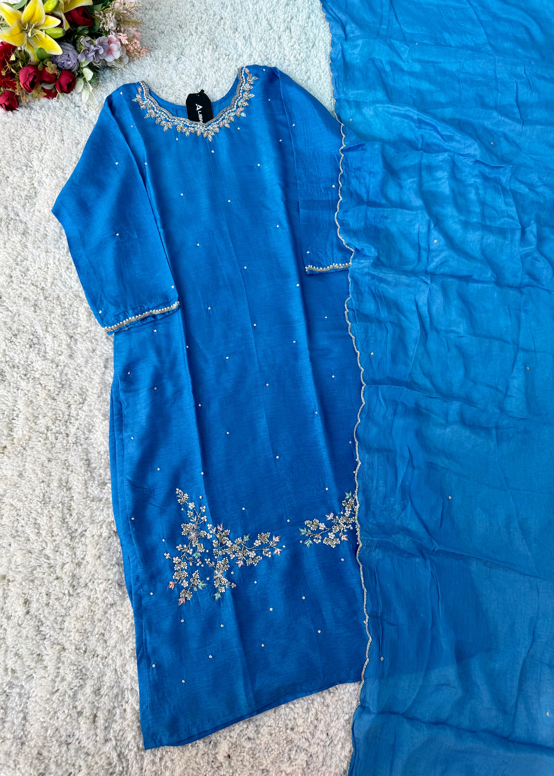 “Nitya” Premium Dola silk Kurta with Bottom & Dupatta