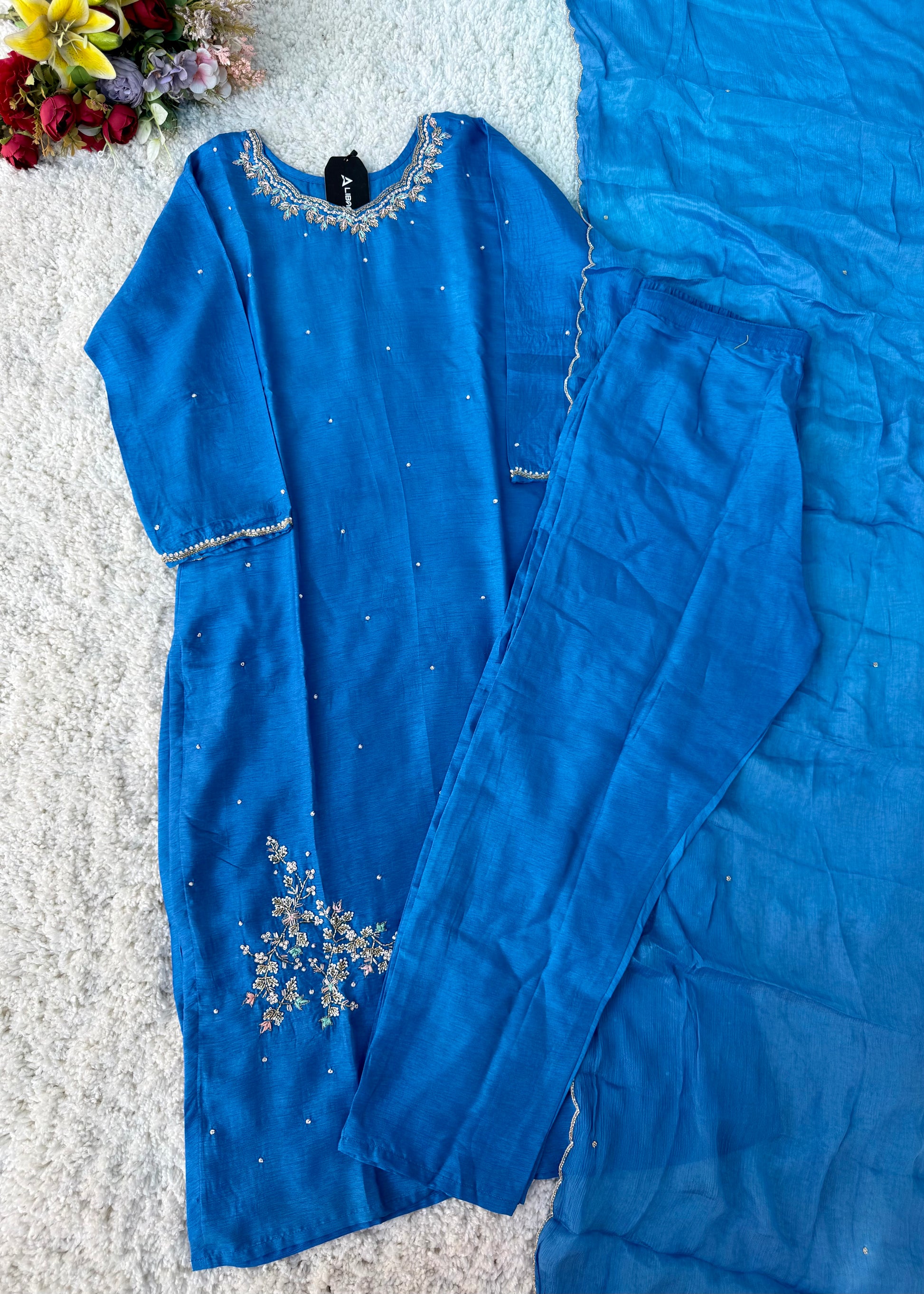“Nitya” Premium Dola silk Kurta with Bottom & Dupatta