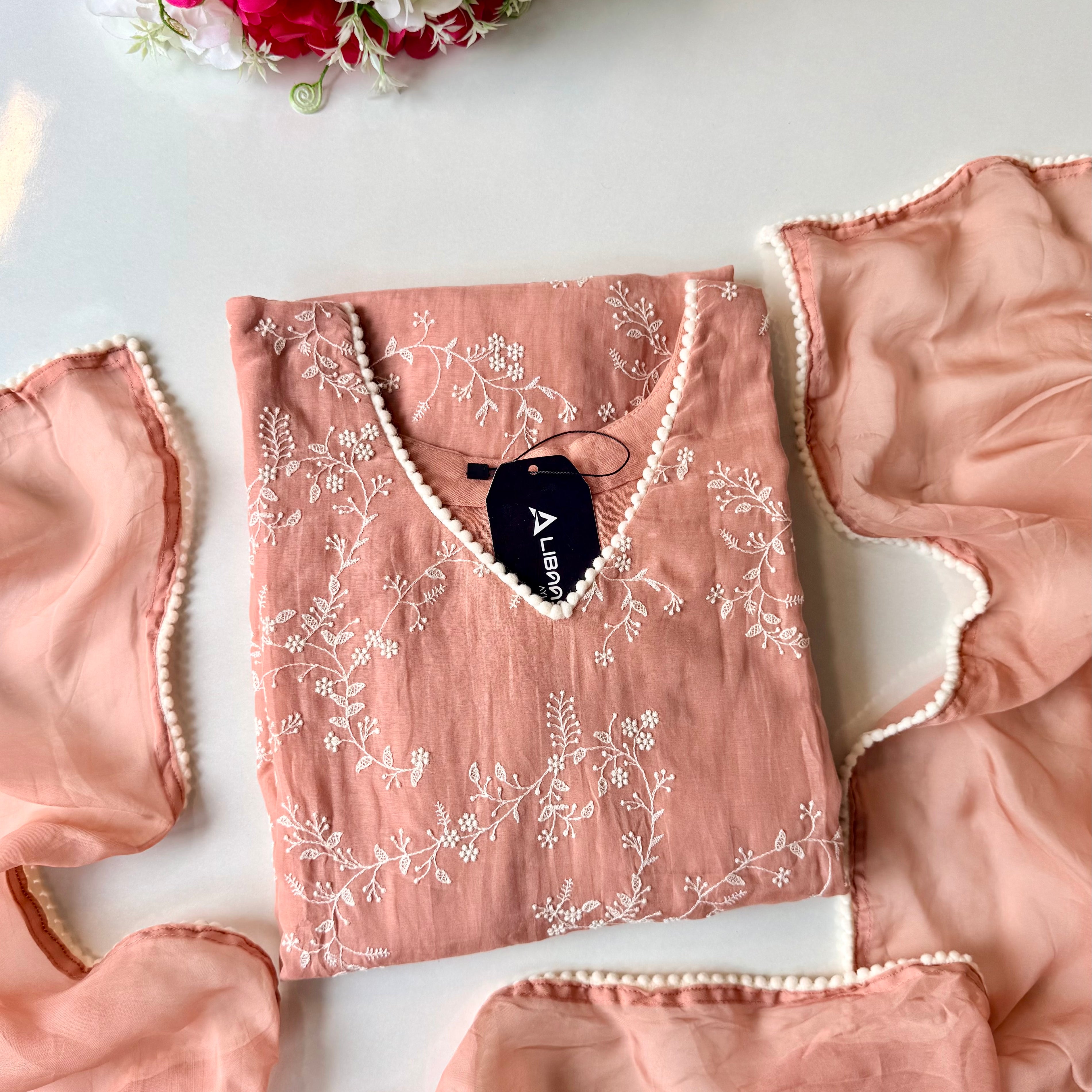 “Elina” Blush Peach Mul Chanderi A Line Suit set 🛍️