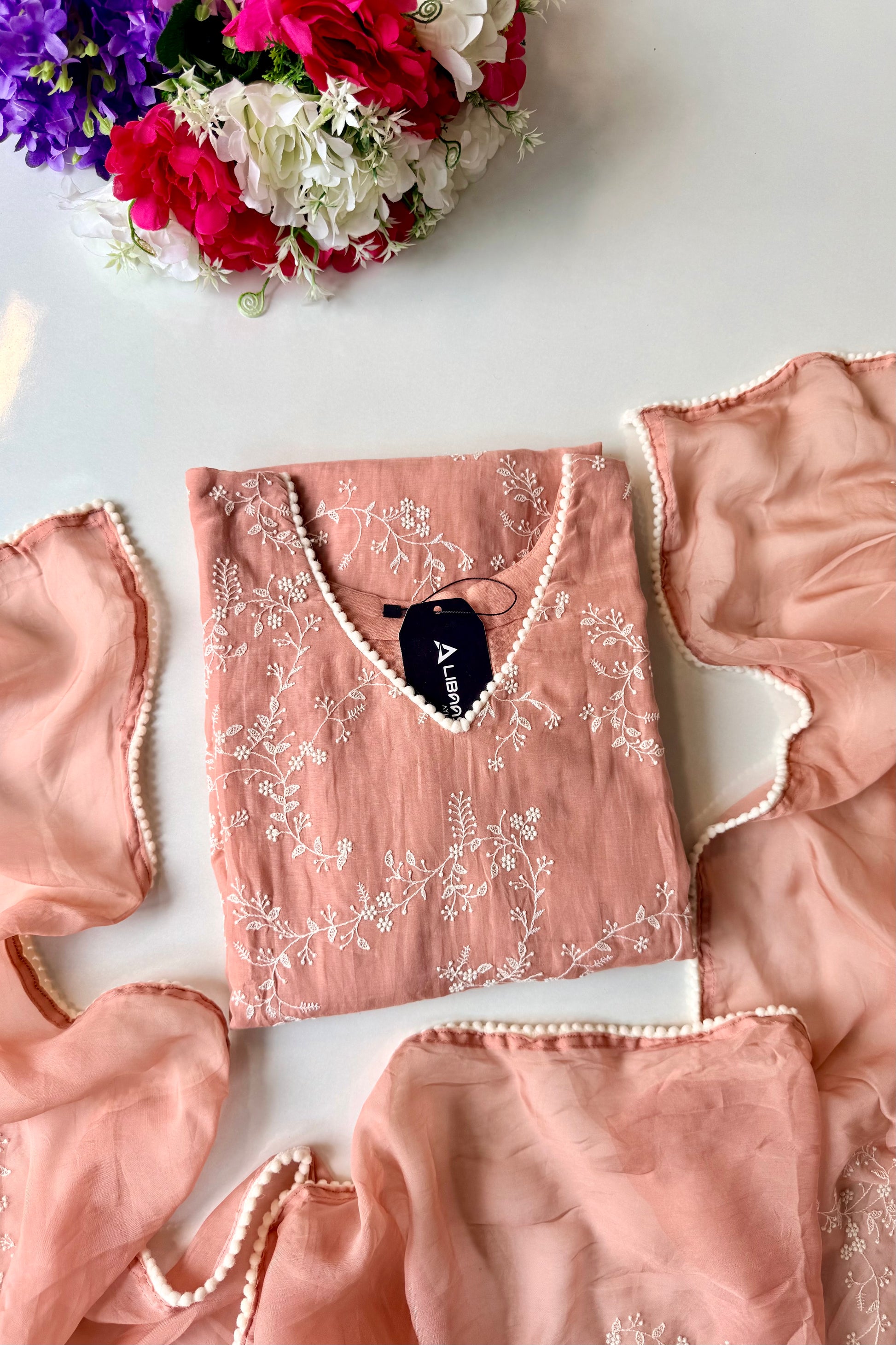 “Elina” Blush Peach Mul Chanderi A Line Suit set 🛍️