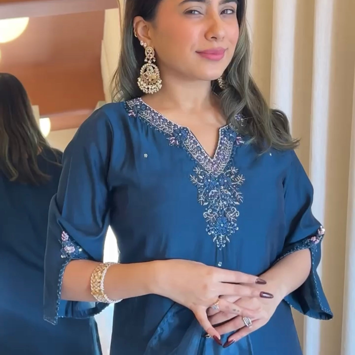 “KAVERI” Premium roman silk handcrafted kurti set