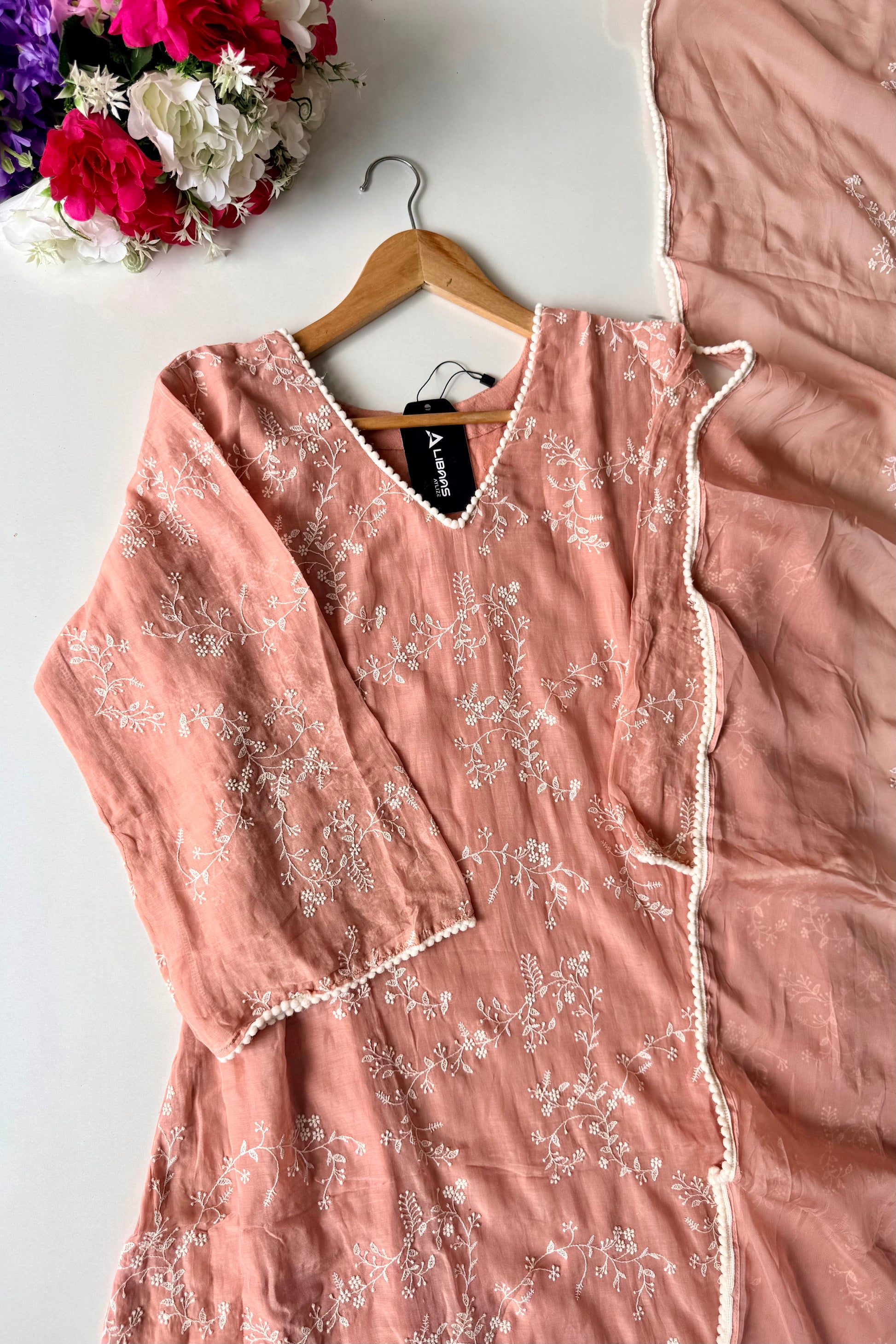 “Elina” Blush Peach Mul Chanderi A Line Suit set 🛍️