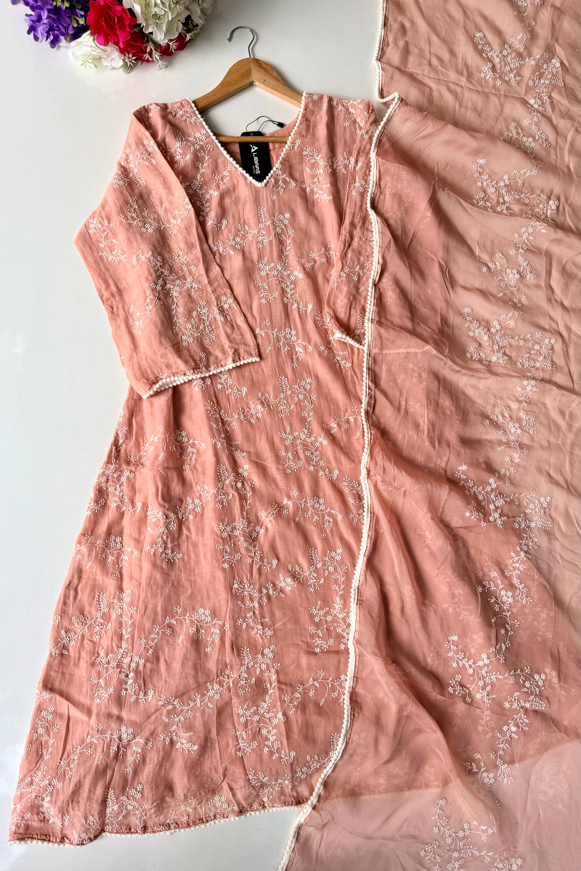 “Elina” Blush Peach Mul Chanderi A Line Suit set 🛍️