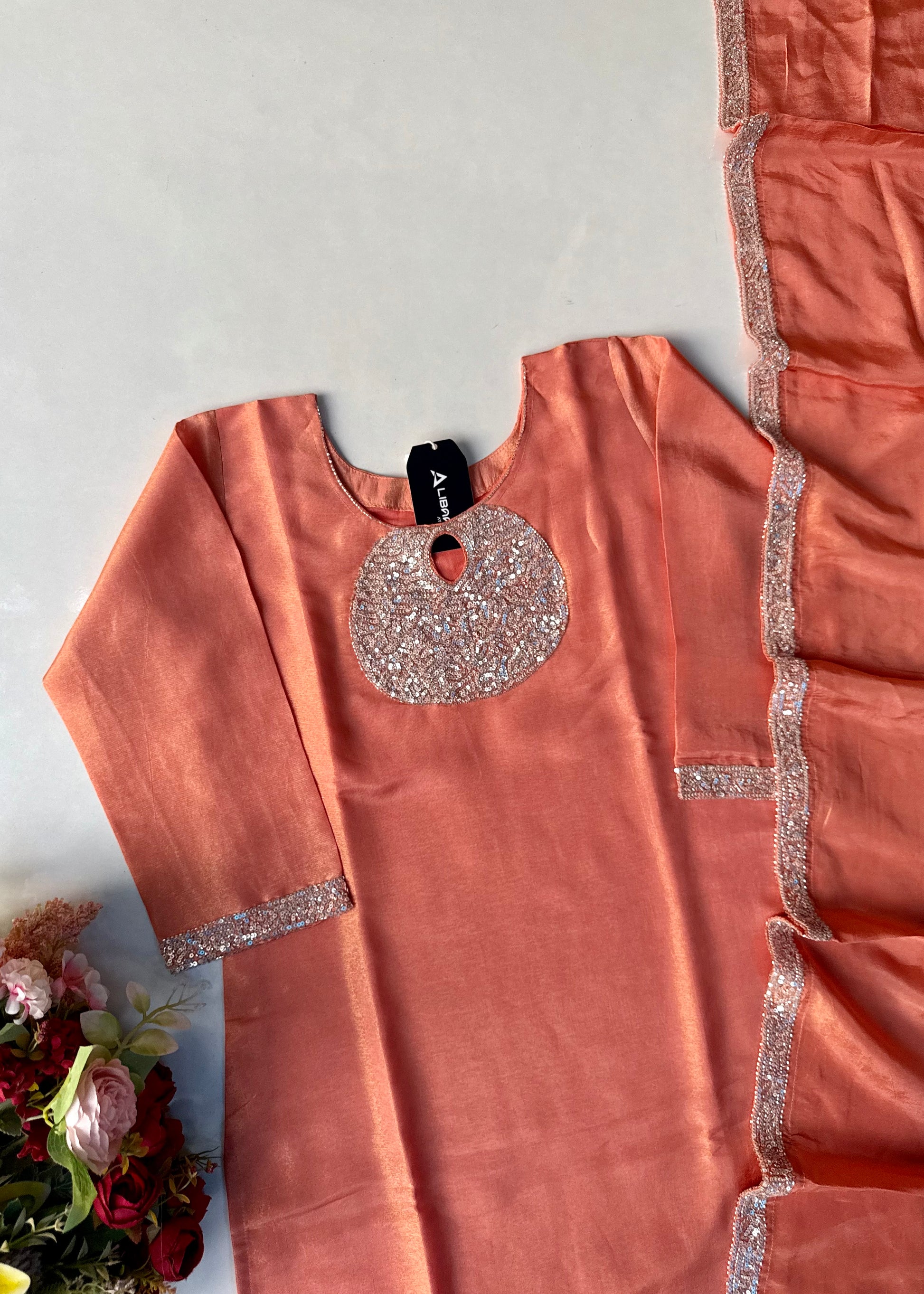 “SHINE” Beautiful Peach with gold tone shimmer tissue kurta set