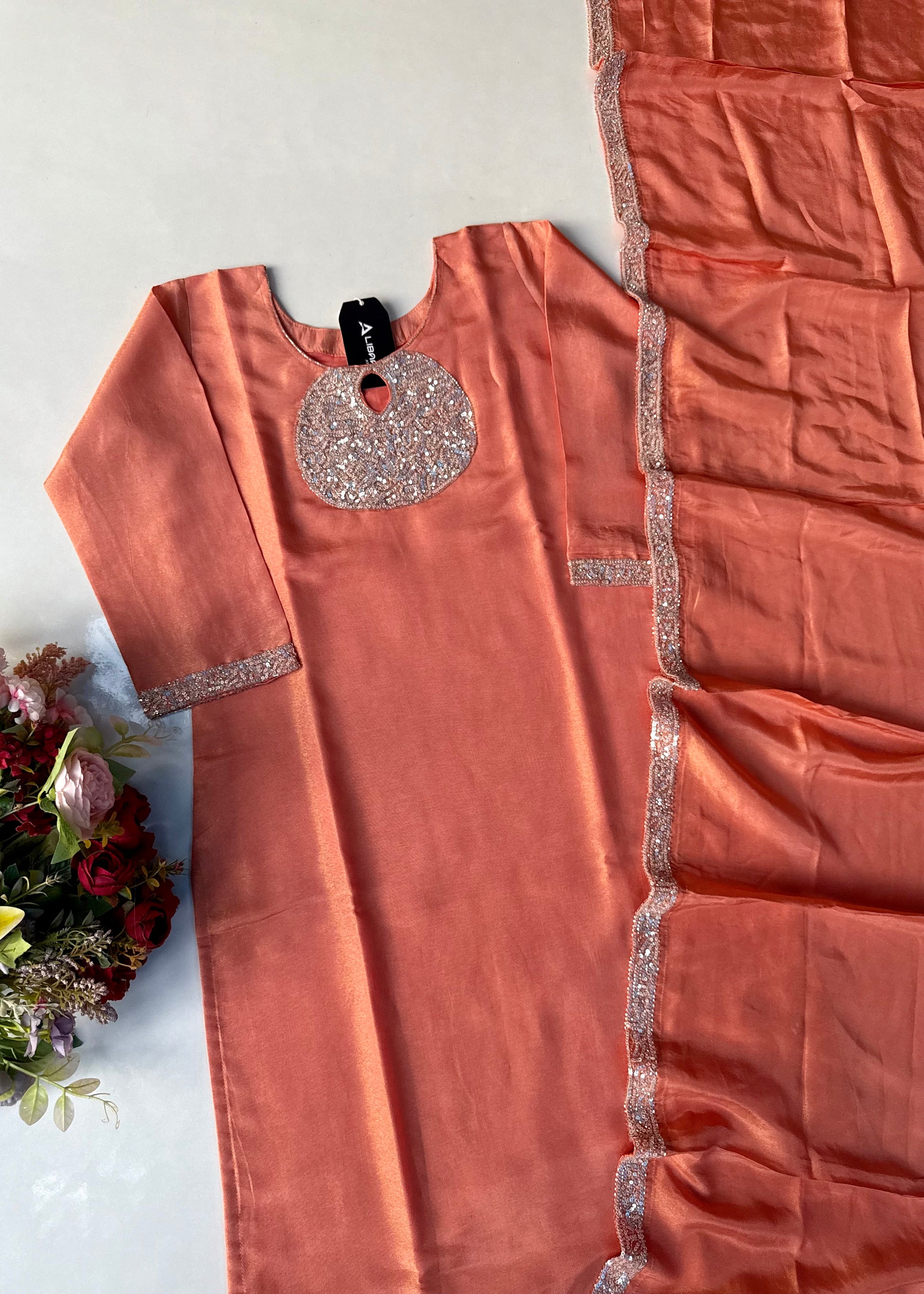 “SHINE” Beautiful Peach with gold tone shimmer tissue kurta set