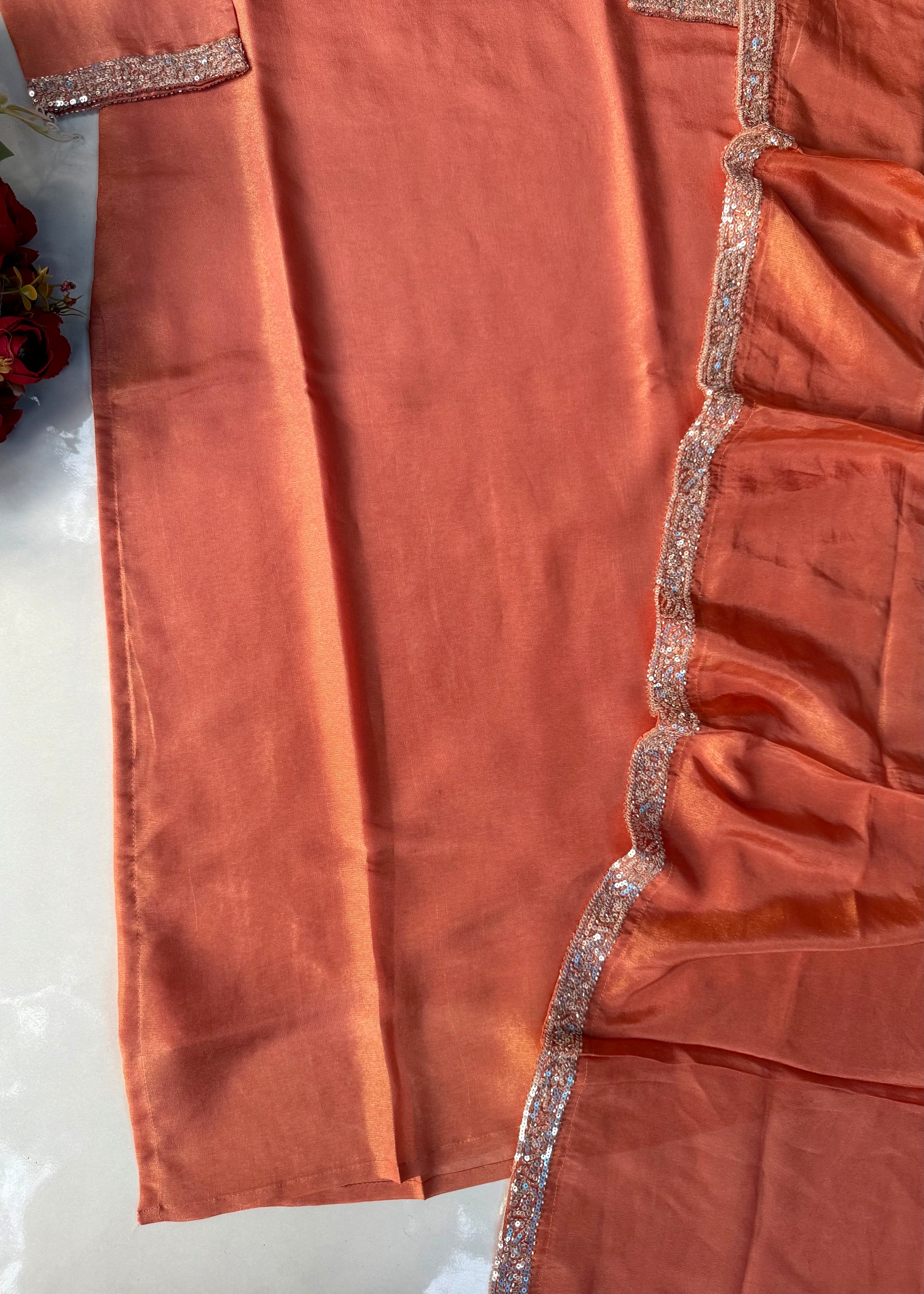 “SHINE” Beautiful Peach with gold tone shimmer tissue kurta set