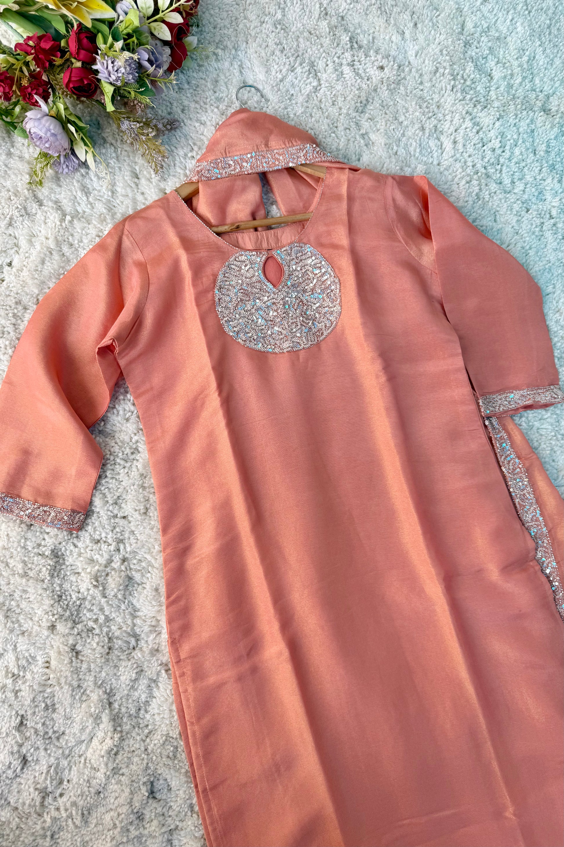 “SHINE” Beautiful Peach with gold tone shimmer tissue kurta set