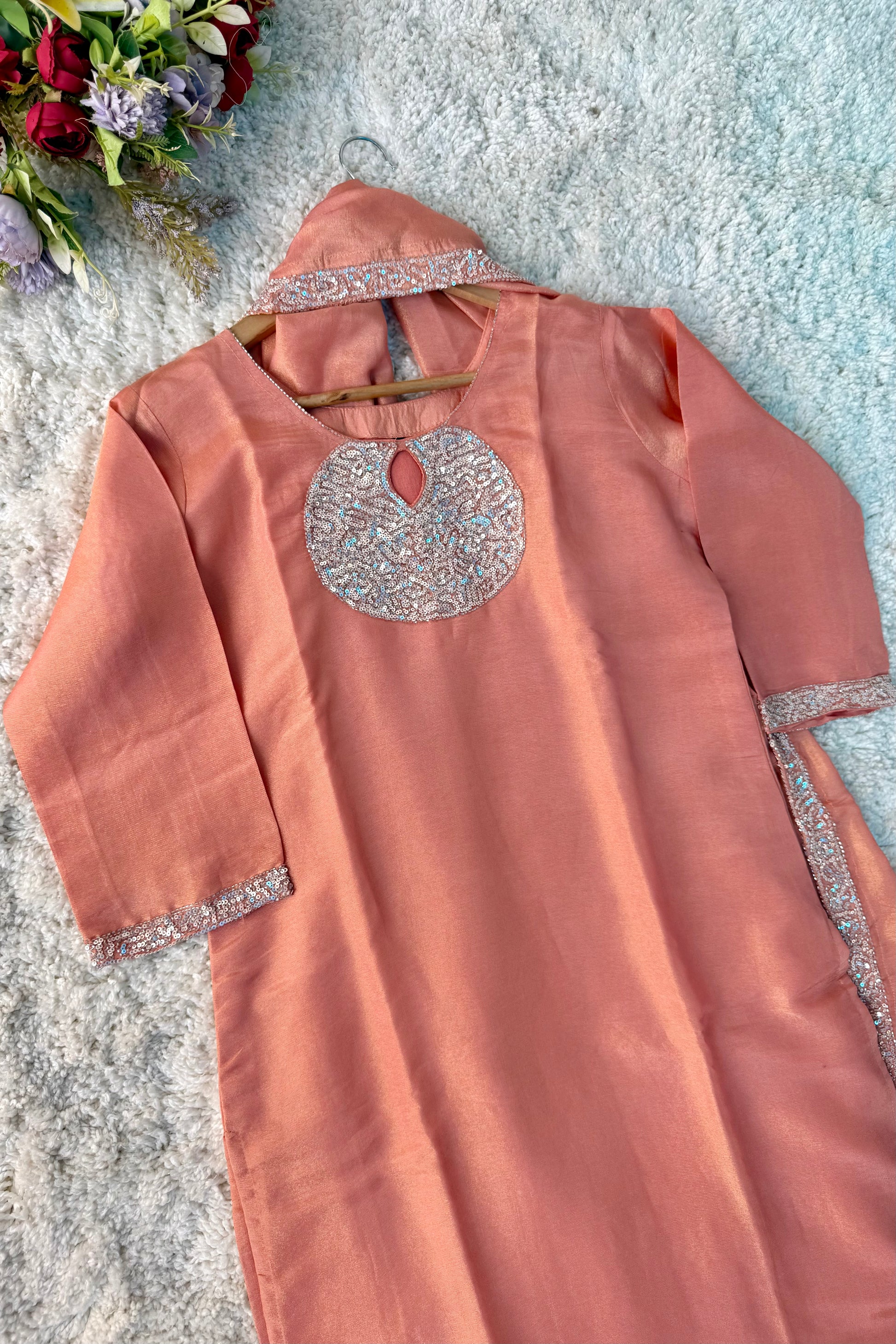 “SHINE” Beautiful Peach with gold tone shimmer tissue kurta set
