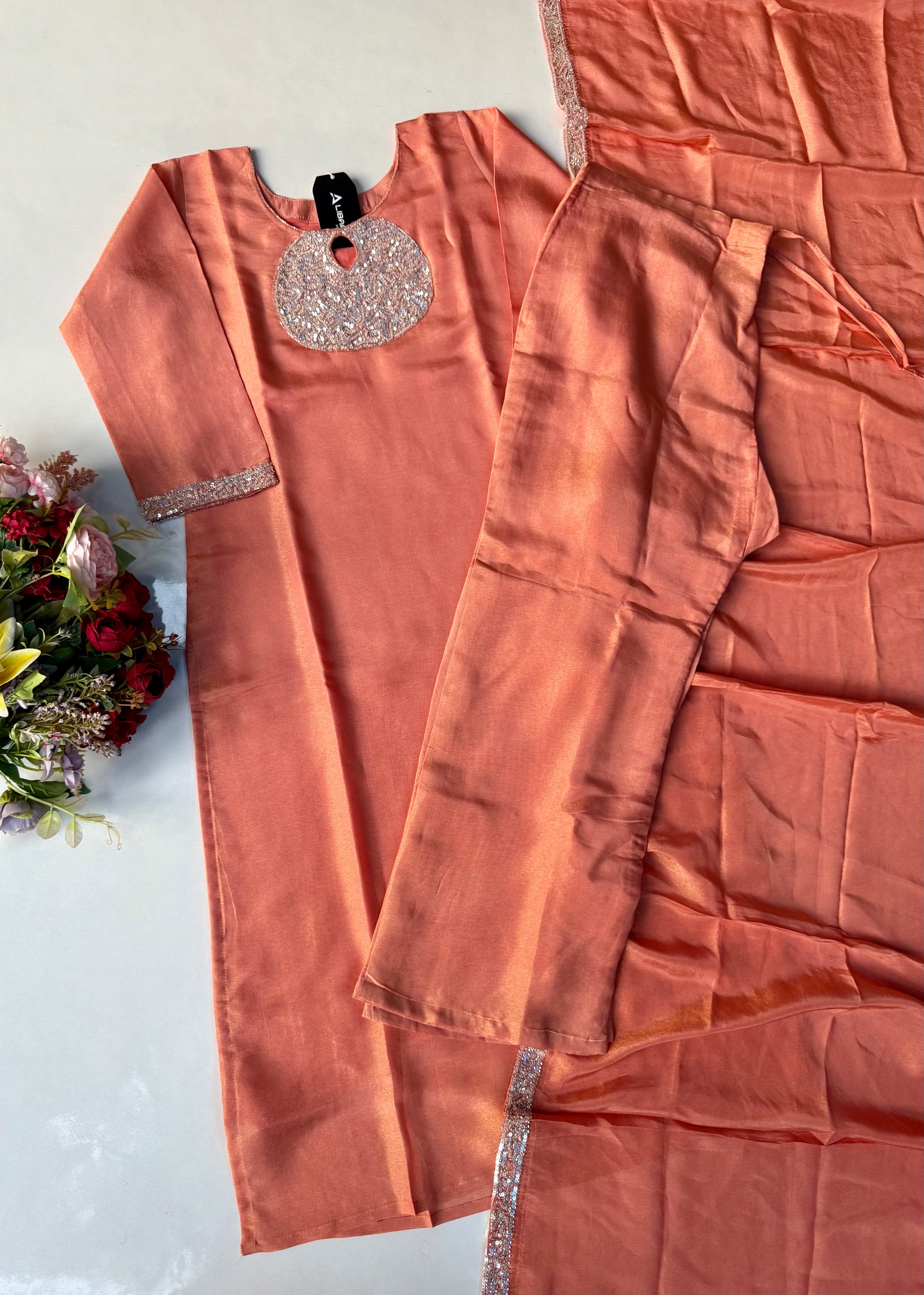 “SHINE” Beautiful Peach with gold tone shimmer tissue kurta set