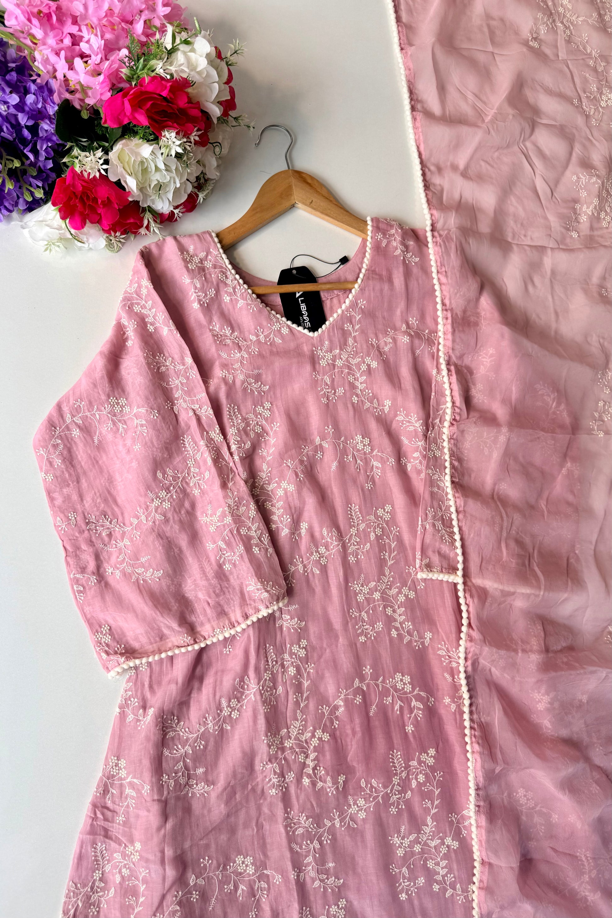 “Elina” Blossom Pink Mul Chanderi A Line Suit set 🛍️