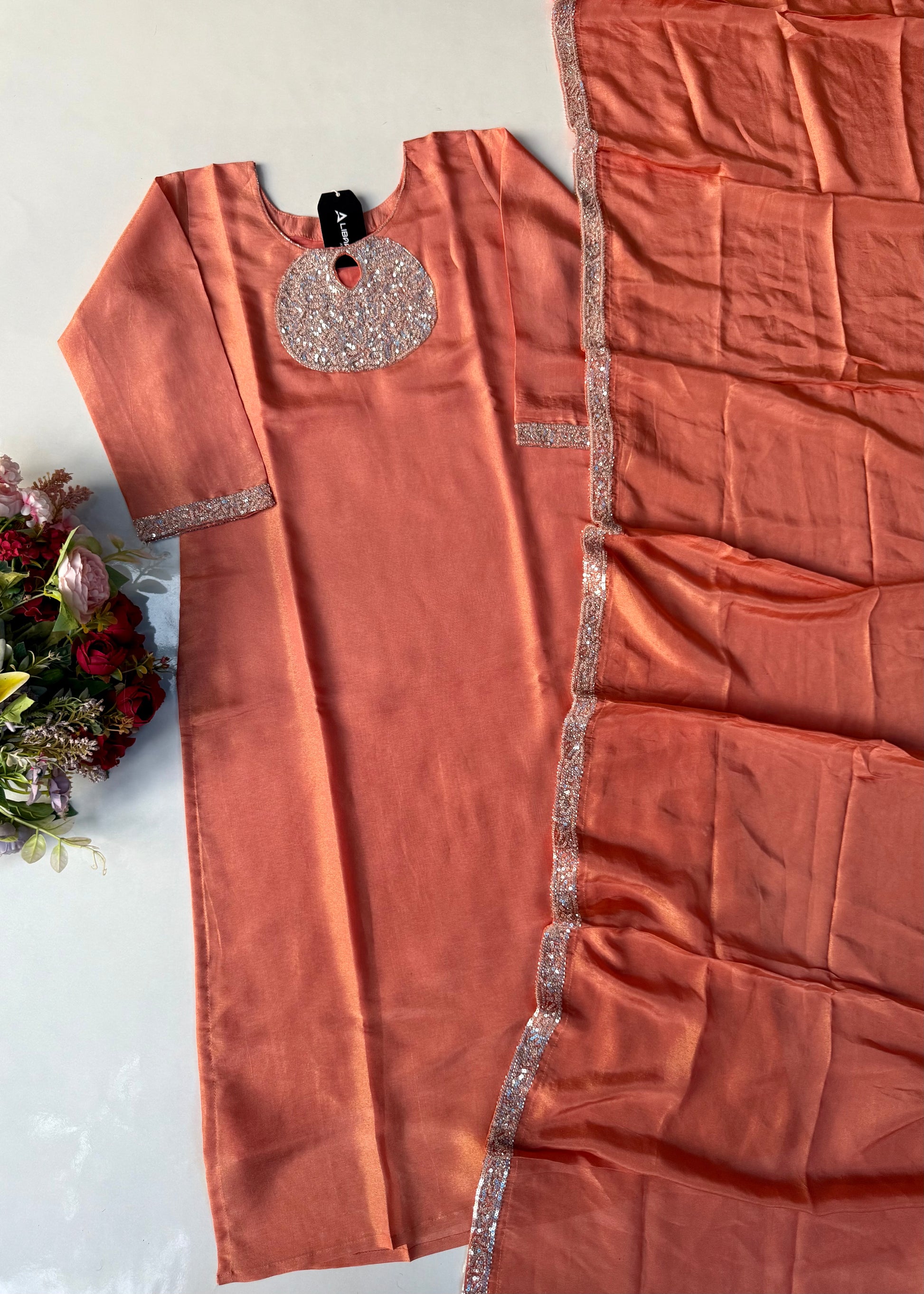 “SHINE” Beautiful Peach with gold tone shimmer tissue kurta set