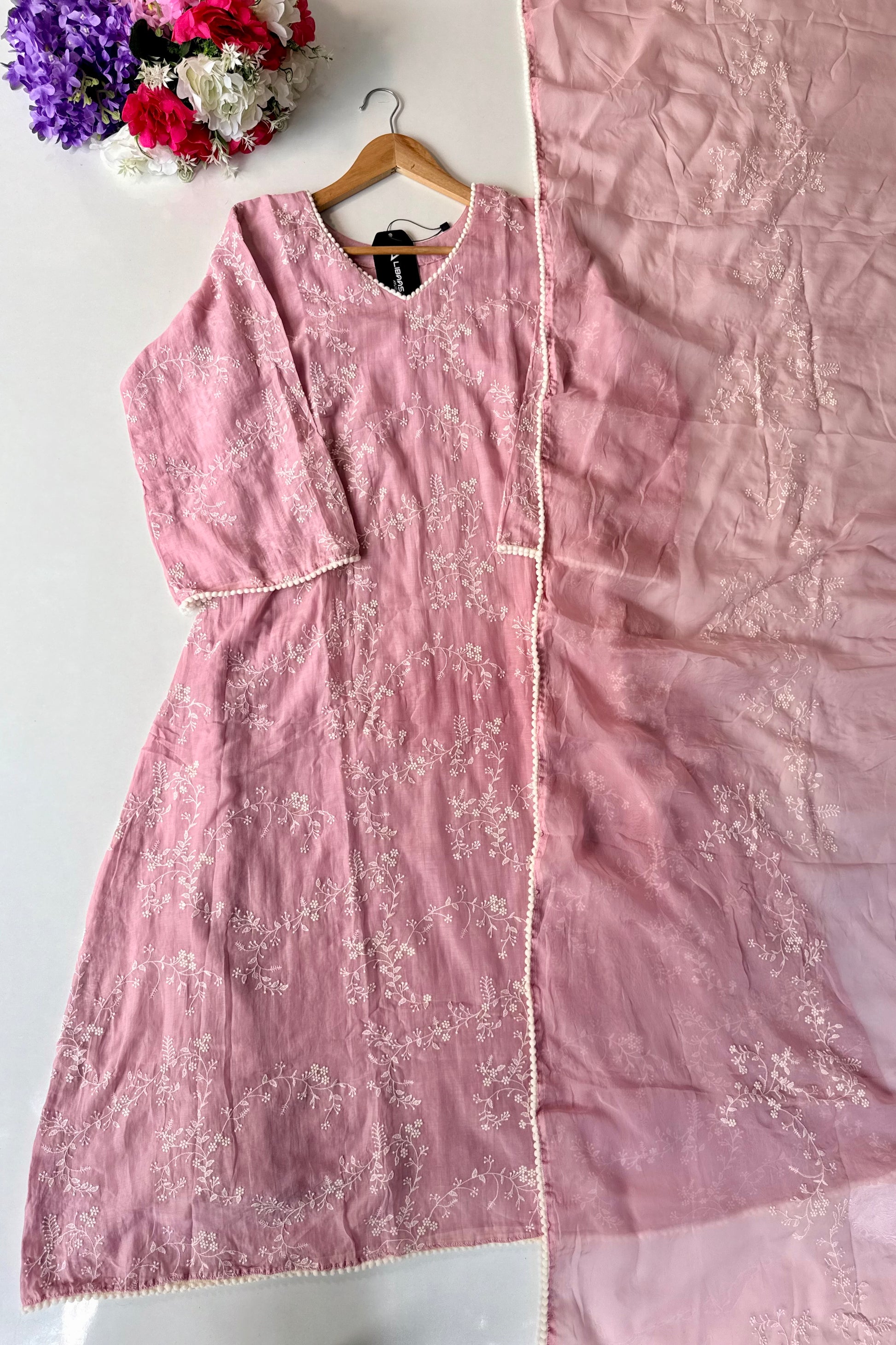 “Elina” Blossom Pink Mul Chanderi A Line Suit set 🛍️