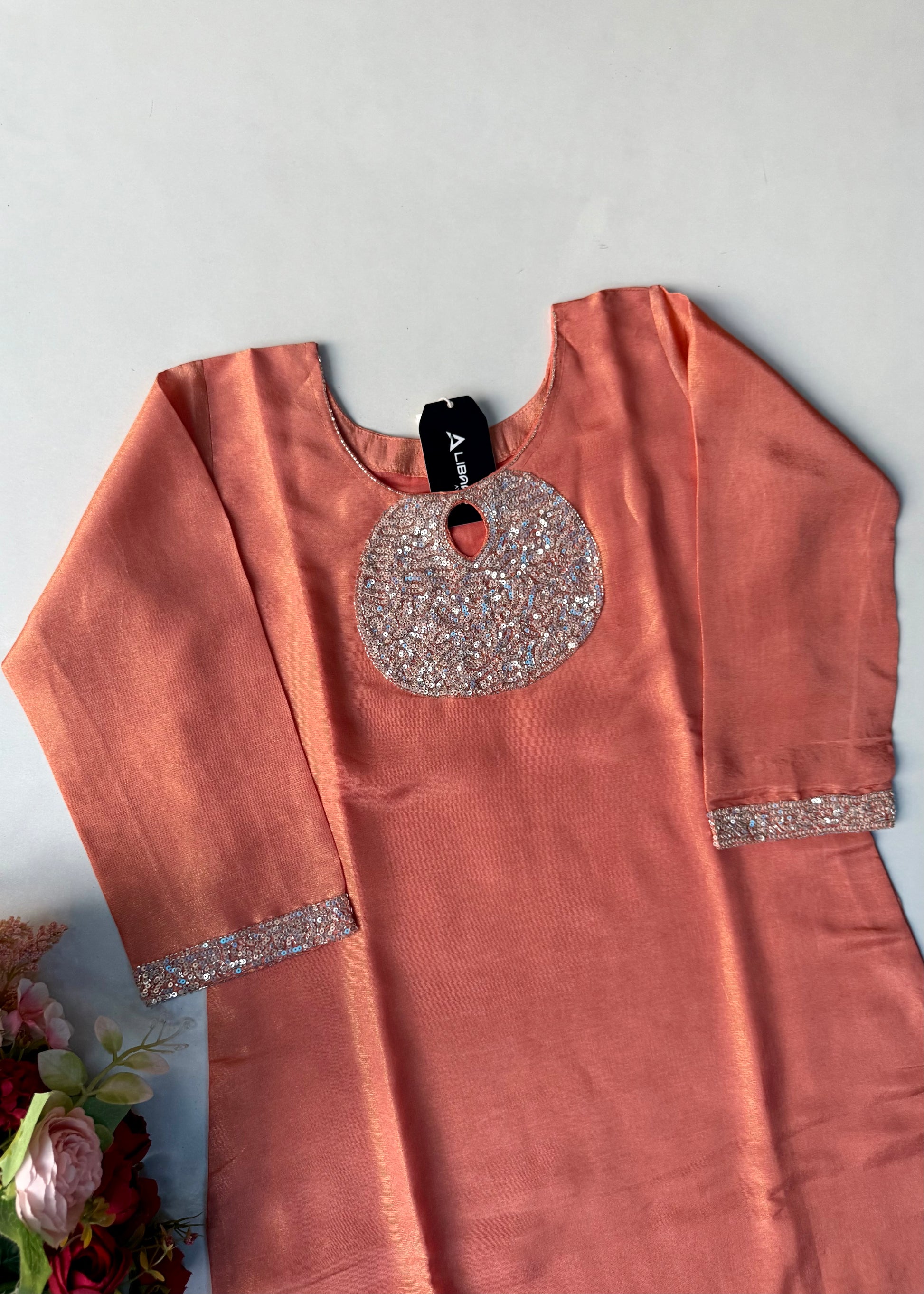 “SHINE” Beautiful Peach with gold tone shimmer tissue kurta set