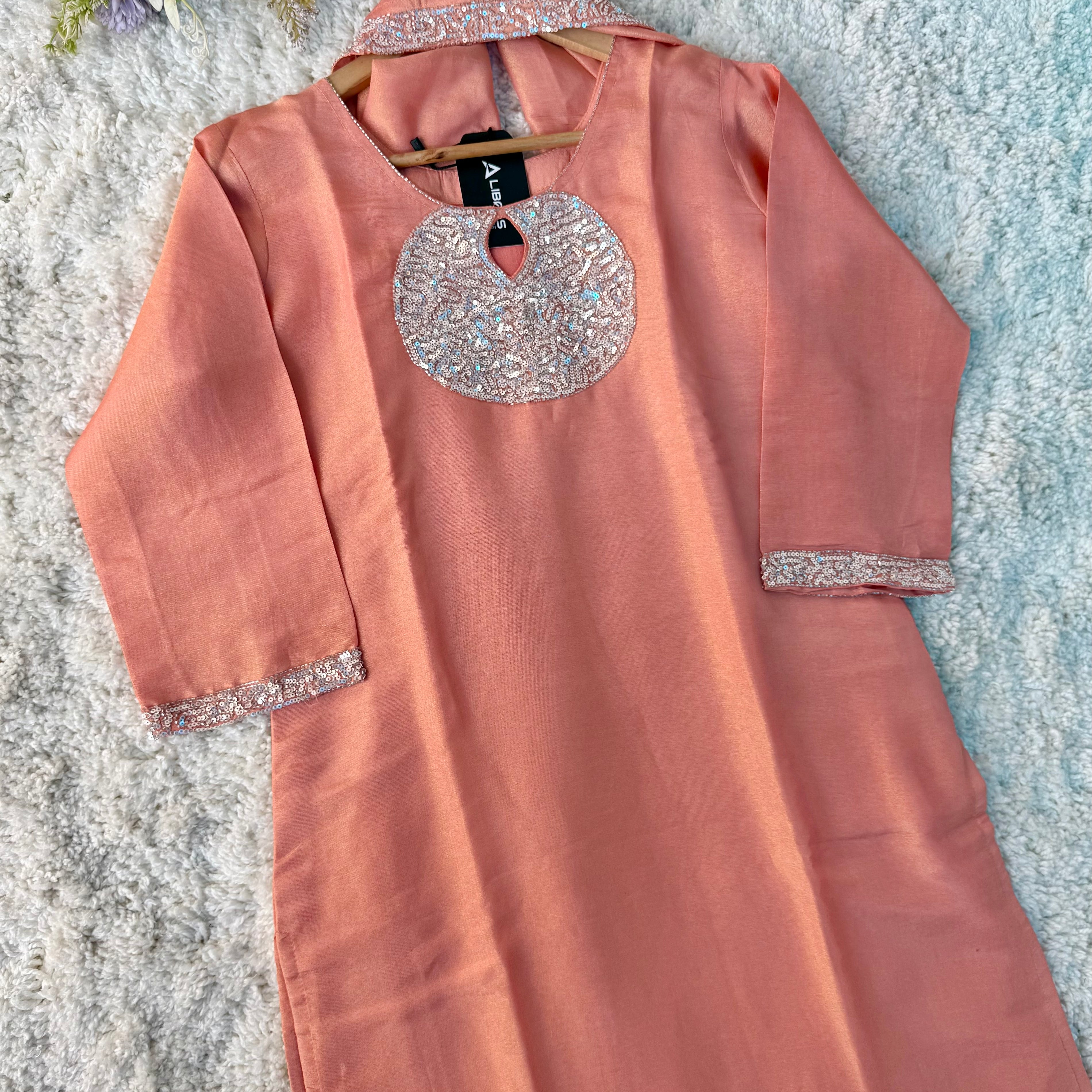 “SHINE” Beautiful Peach with gold tone shimmer tissue kurta set
