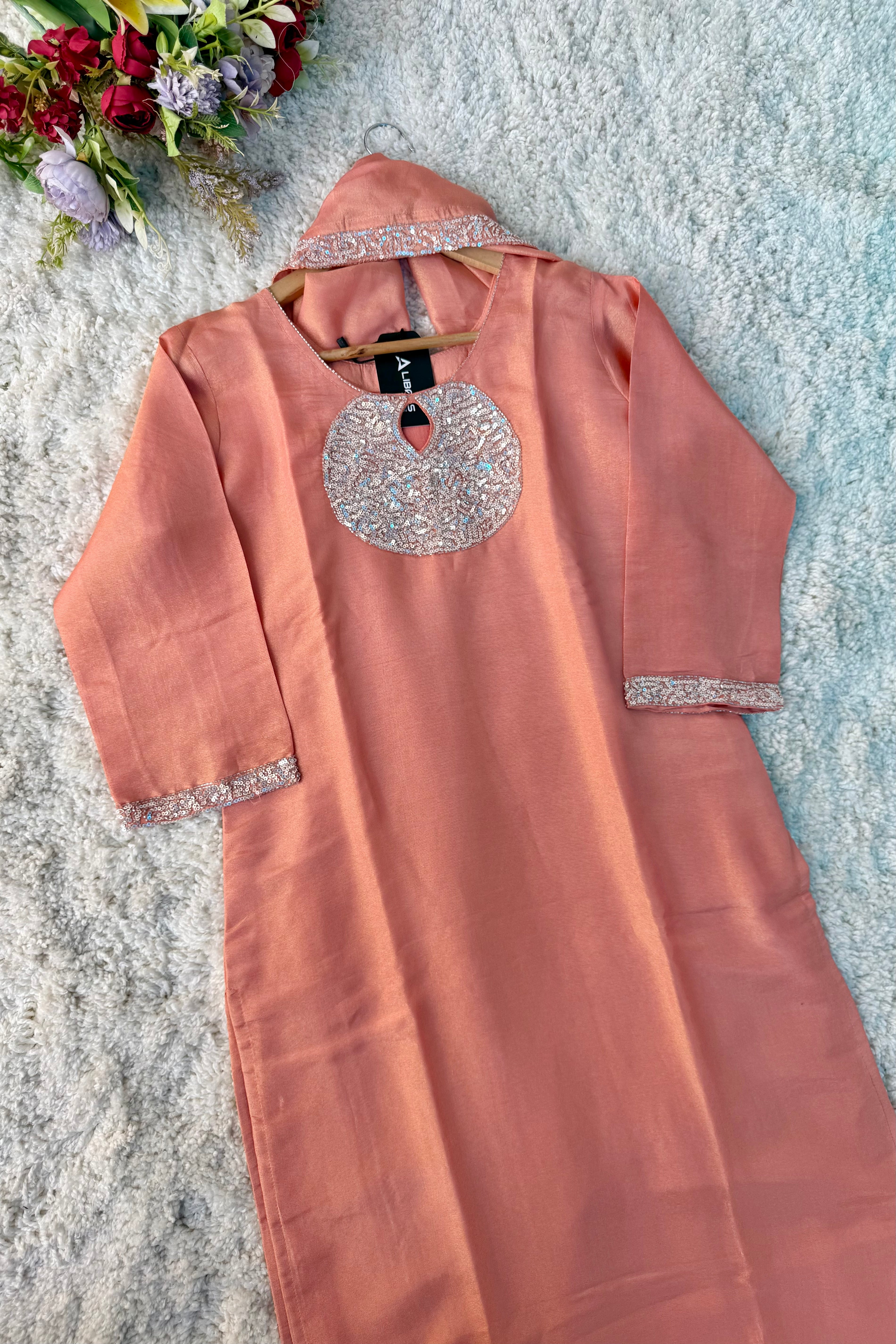 “SHINE” Beautiful Peach with gold tone shimmer tissue kurta set