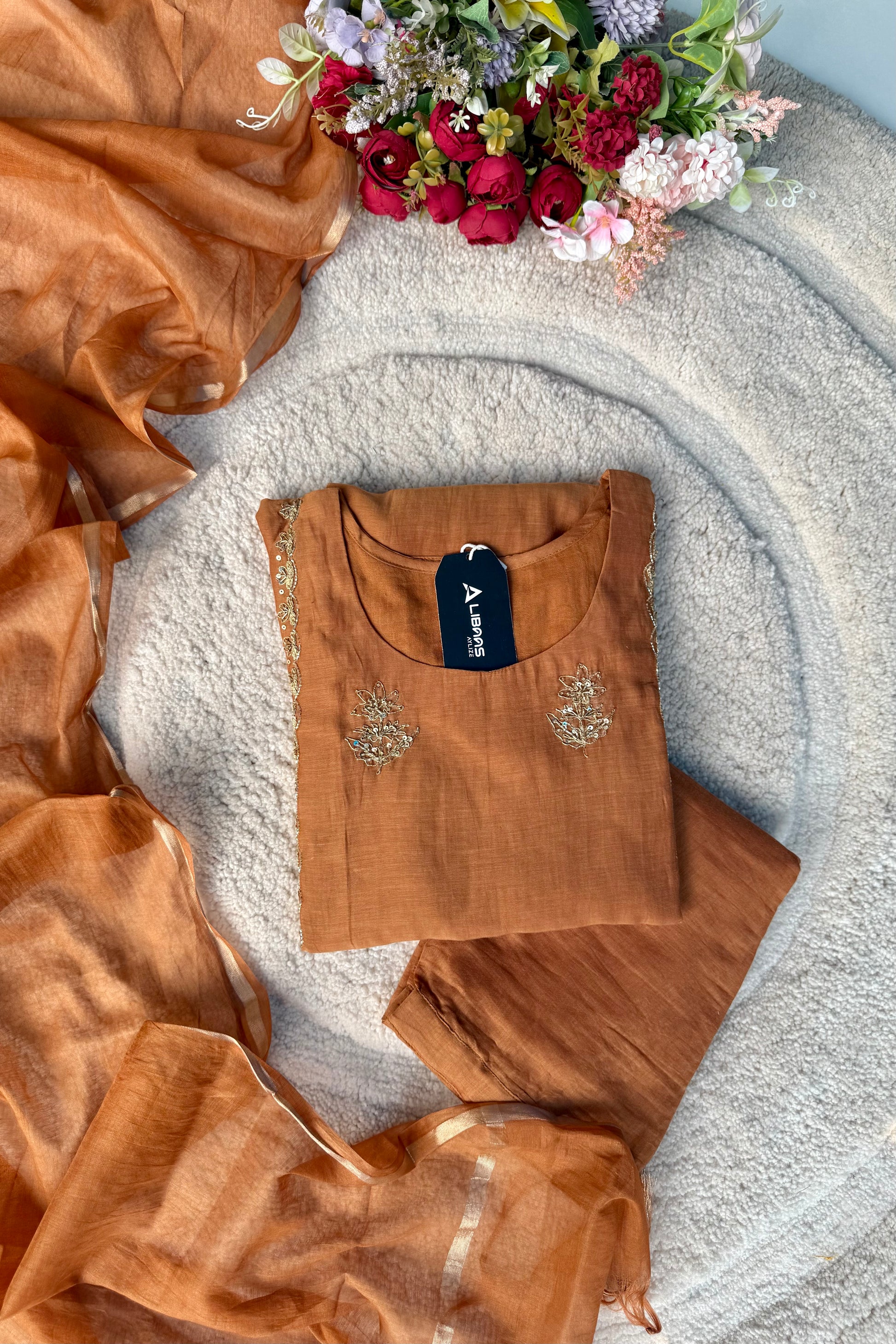 “Ujjwal” Copper Brown Mul Chanderi A Line Suit set 🛍️