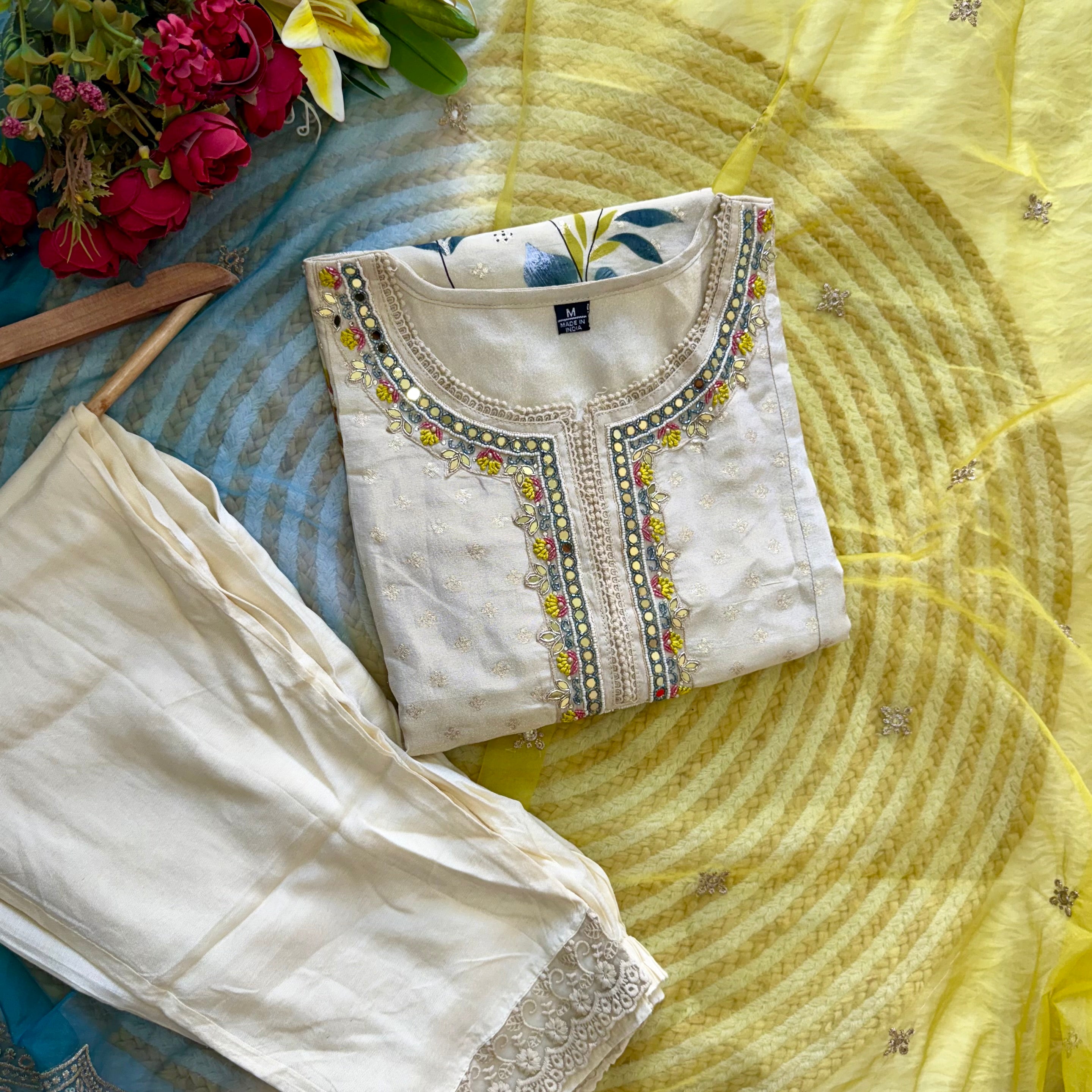 "Meera" Off white  jacquard short kurta set