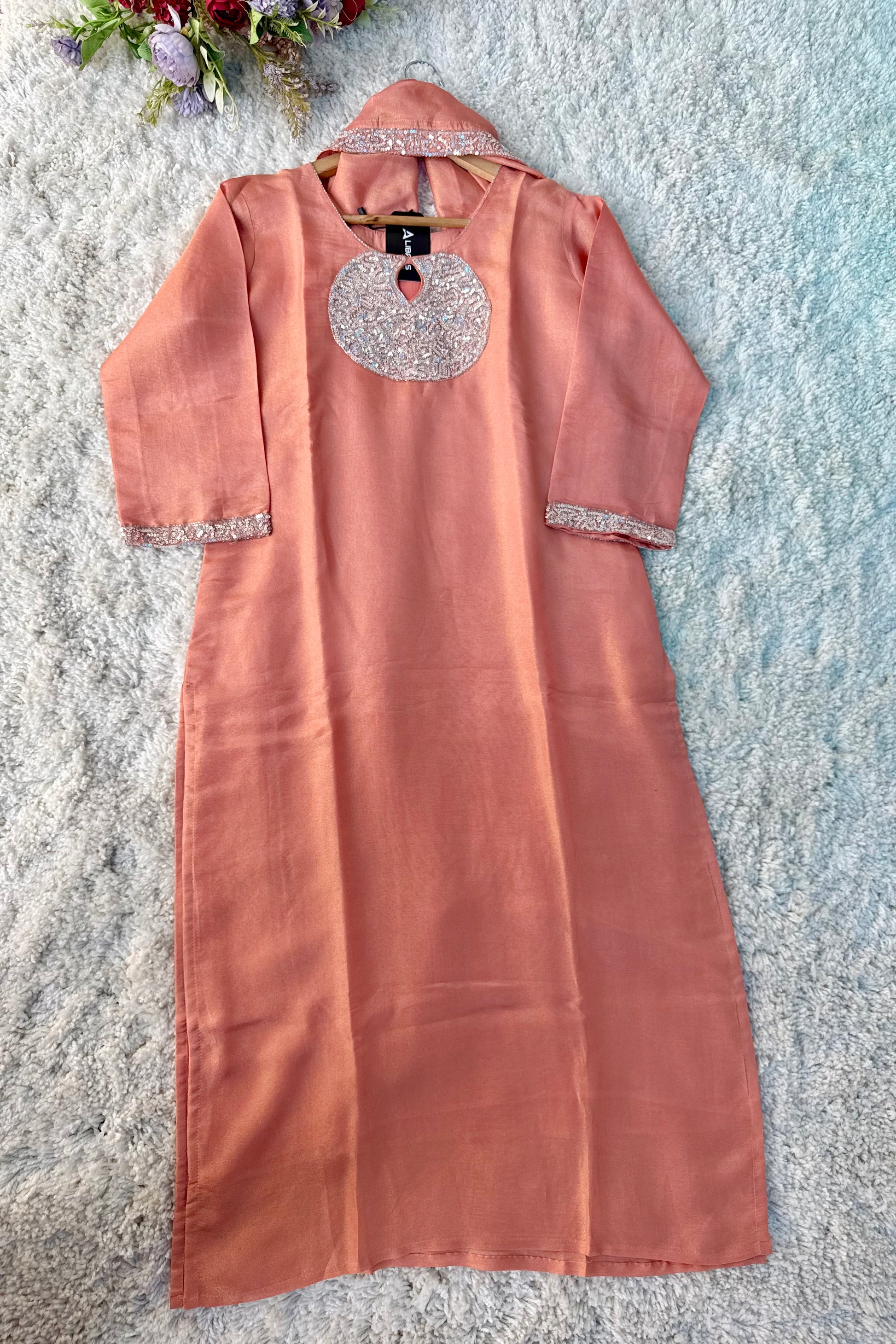 “SHINE” Beautiful Peach with gold tone shimmer tissue kurta set