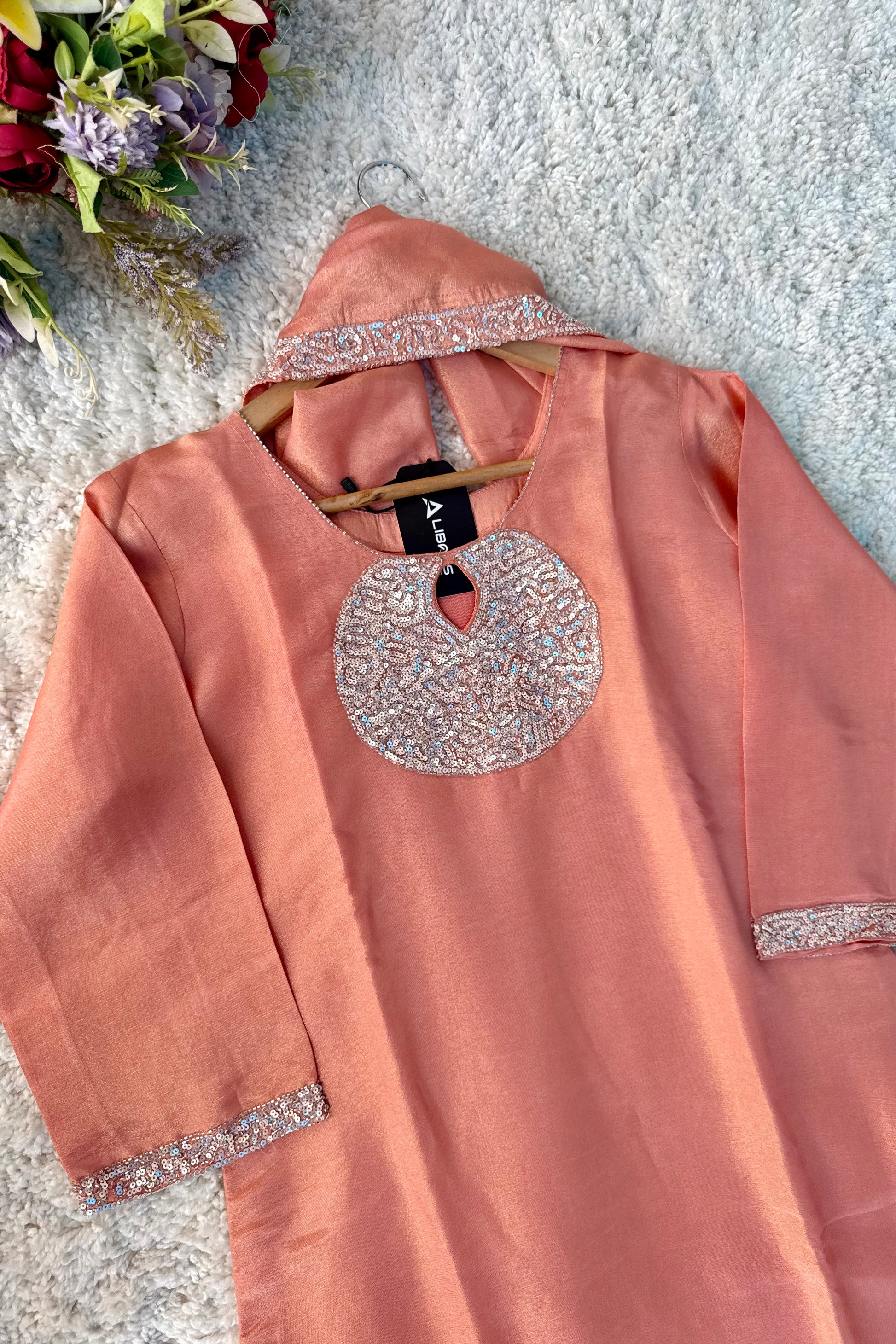 “SHINE” Beautiful Peach with gold tone shimmer tissue kurta set