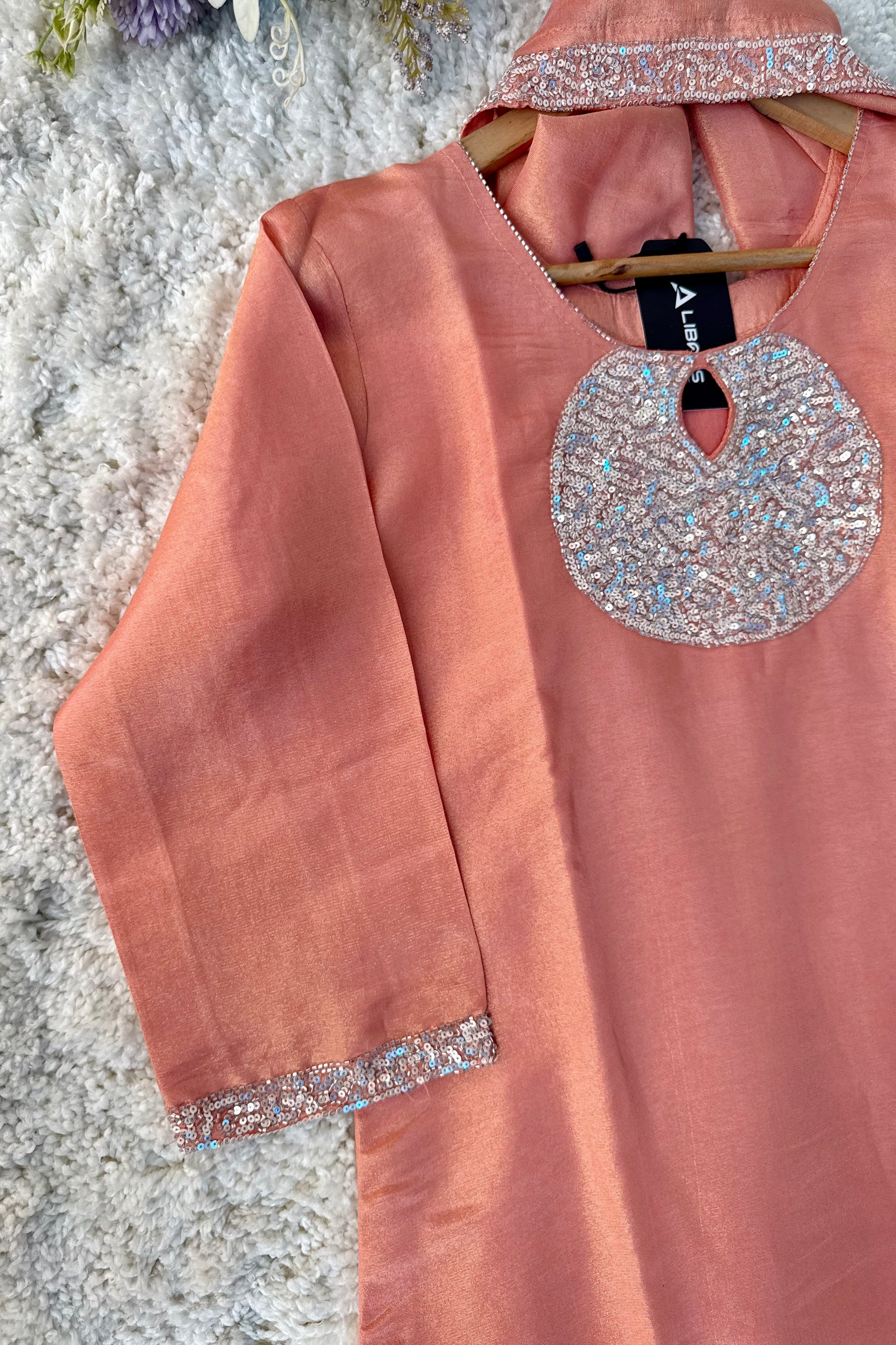 “SHINE” Beautiful Peach with gold tone shimmer tissue kurta set