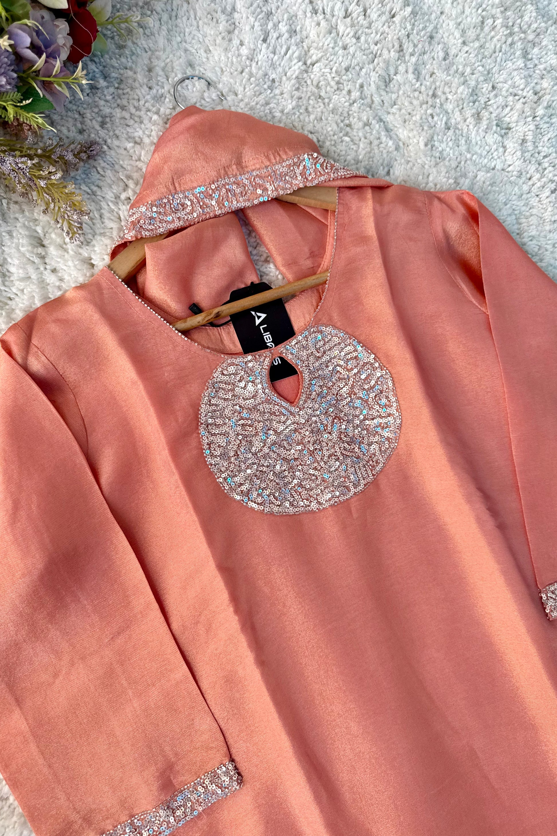 “SHINE” Beautiful Peach with gold tone shimmer tissue kurta set