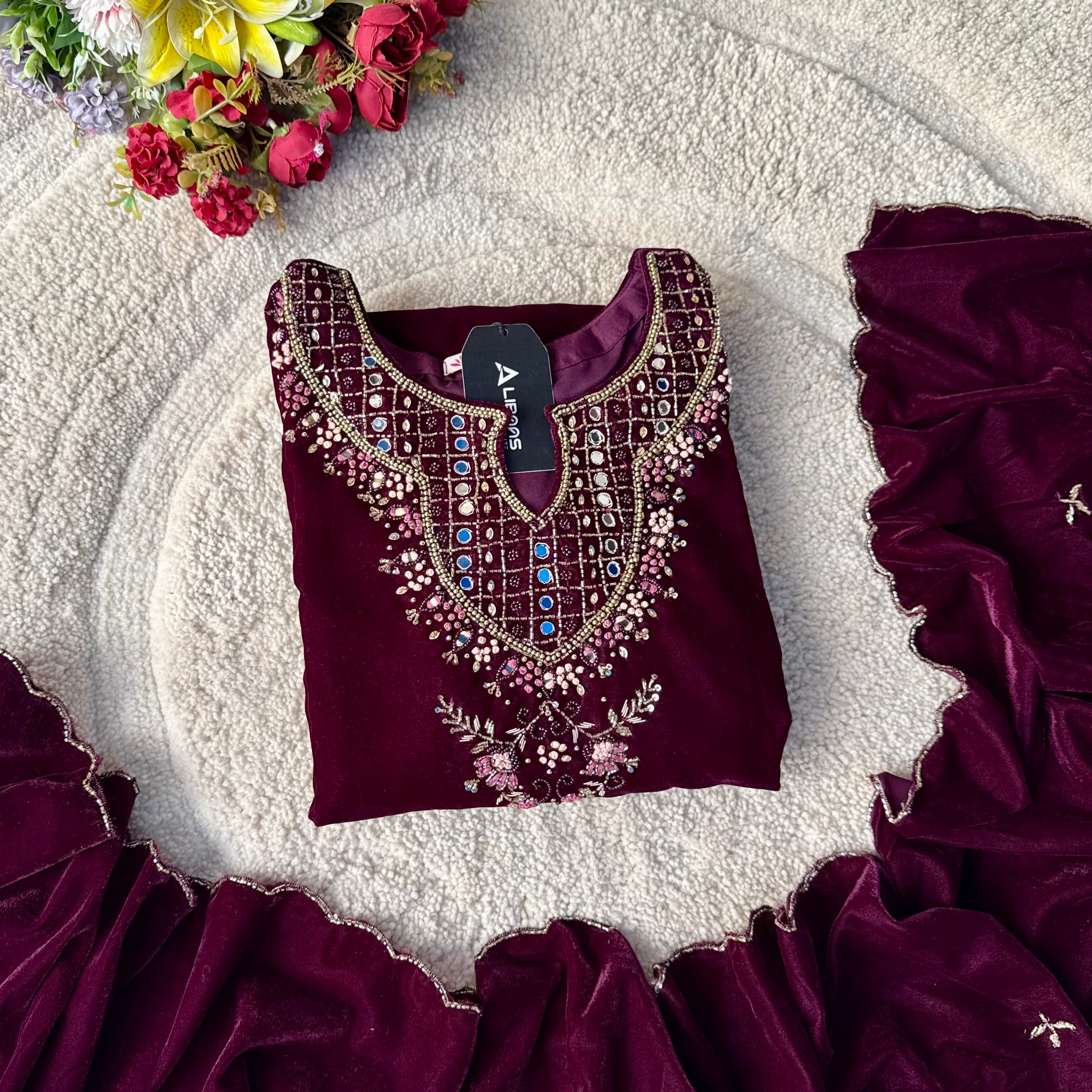 “Jivika” Maroon heavy velvet handwork suit set