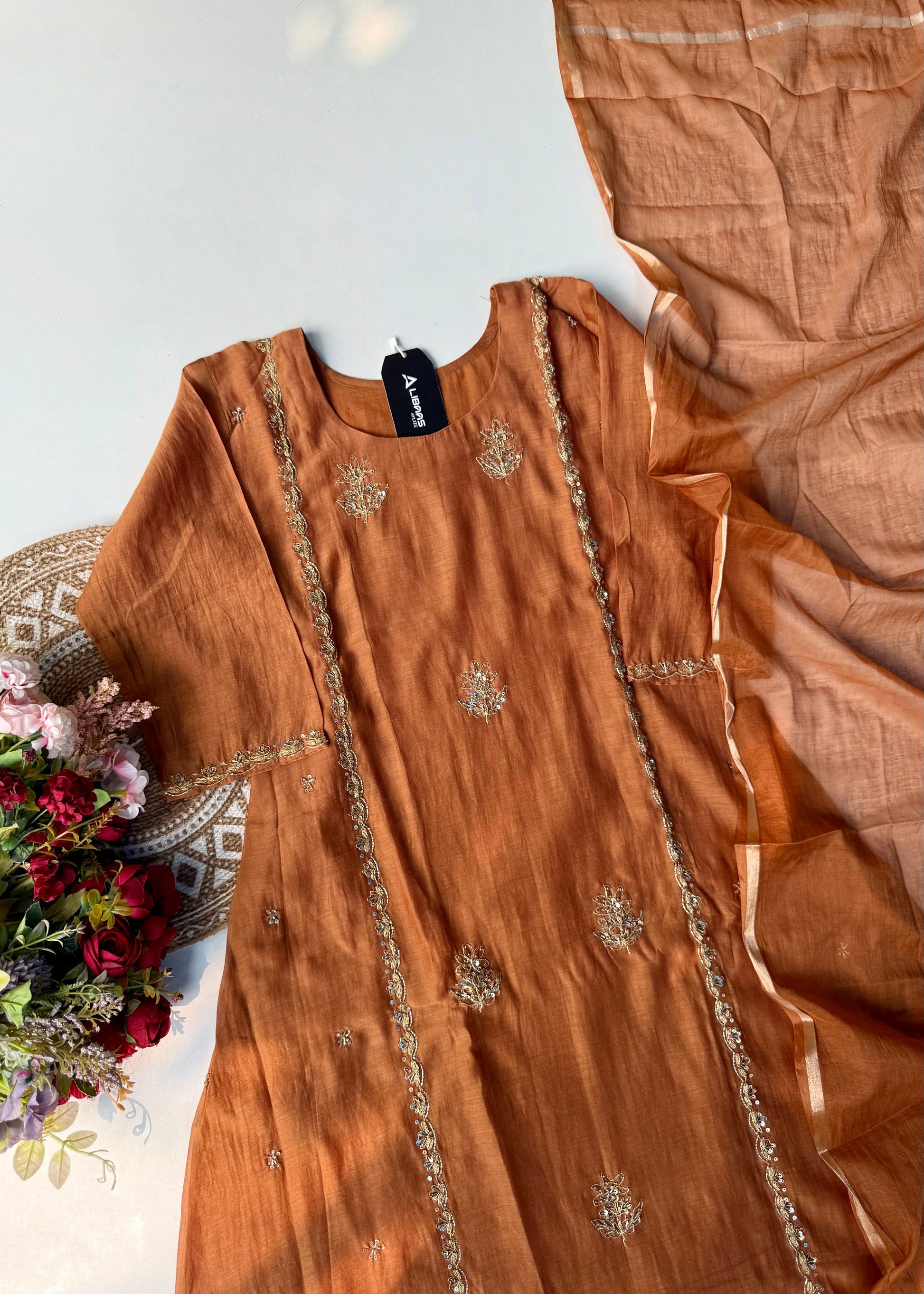 “Ujjwal” Copper Brown Mul Chanderi A Line Suit set 🛍️