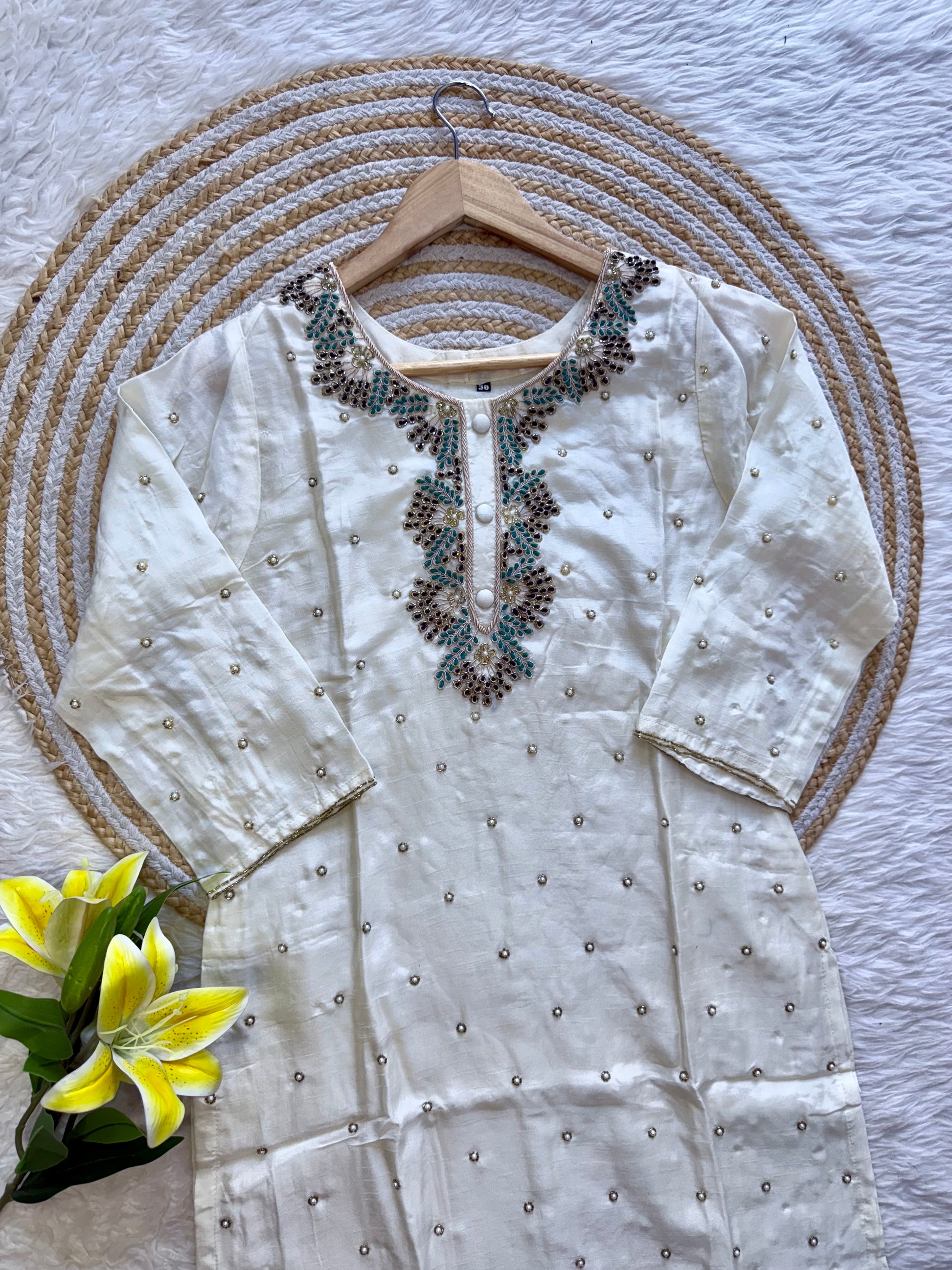 “SINZO” Party wear dola silk handcrafted kurti set