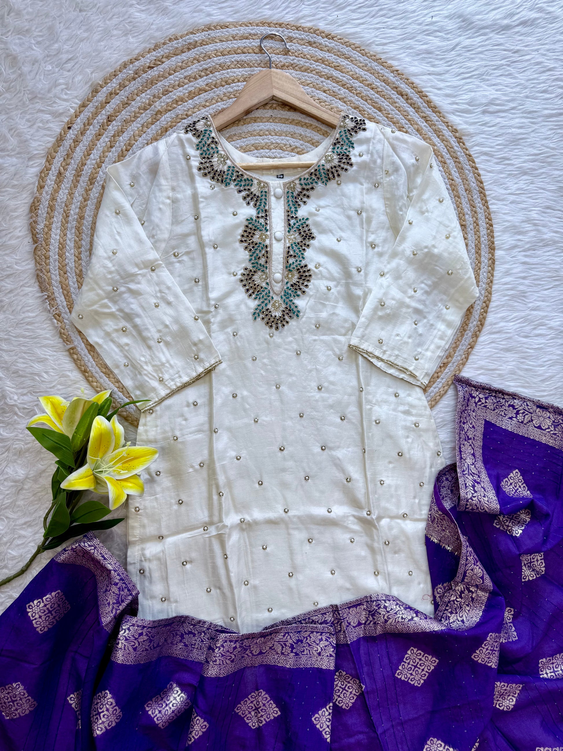 “SINZO” Party wear dola silk handcrafted kurti set
