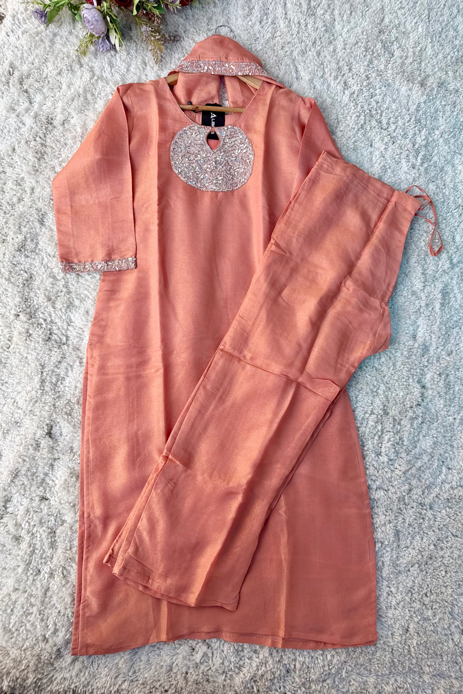 “SHINE” Beautiful Peach with gold tone shimmer tissue kurta set