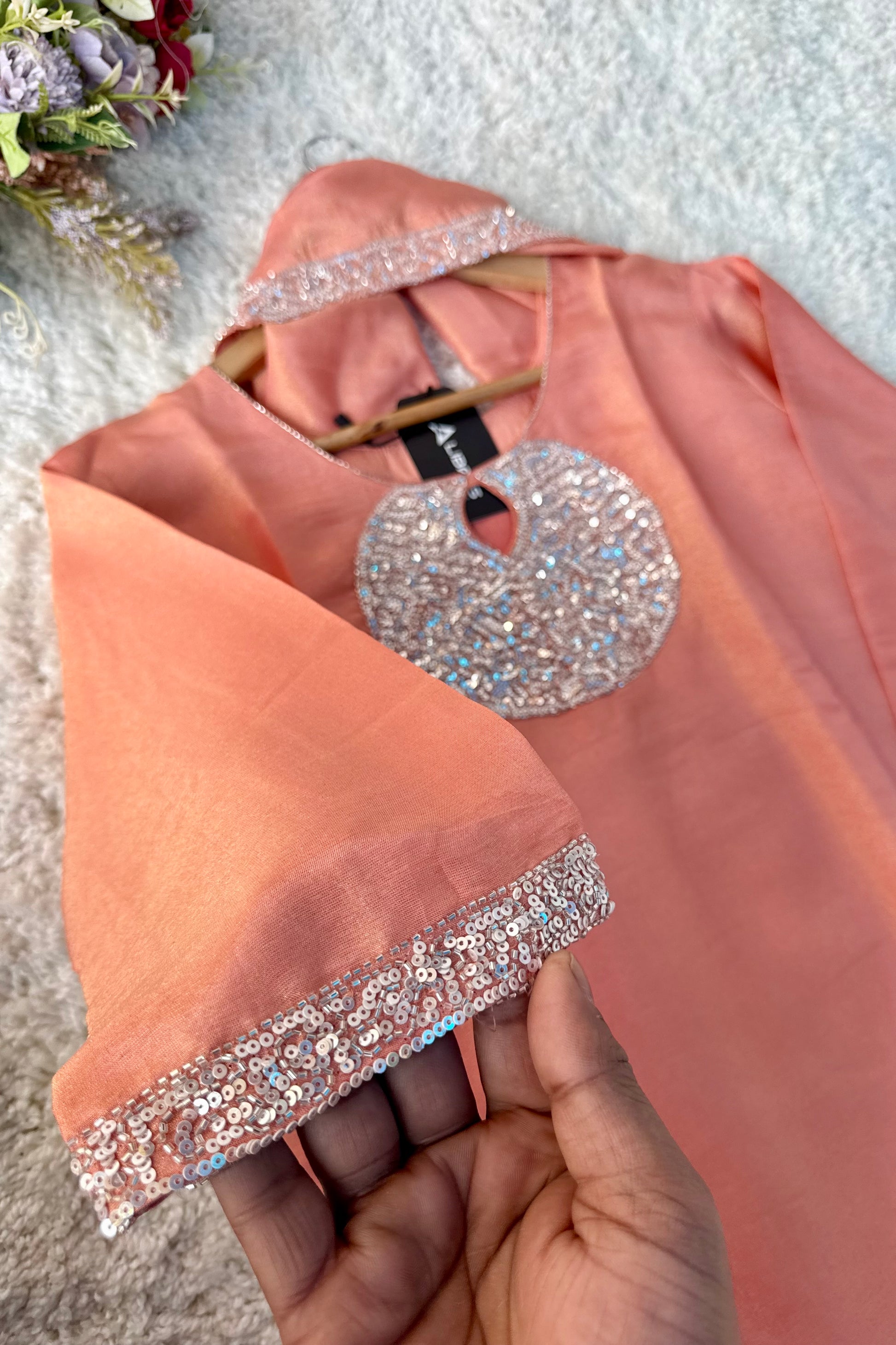 “SHINE” Beautiful Peach with gold tone shimmer tissue kurta set