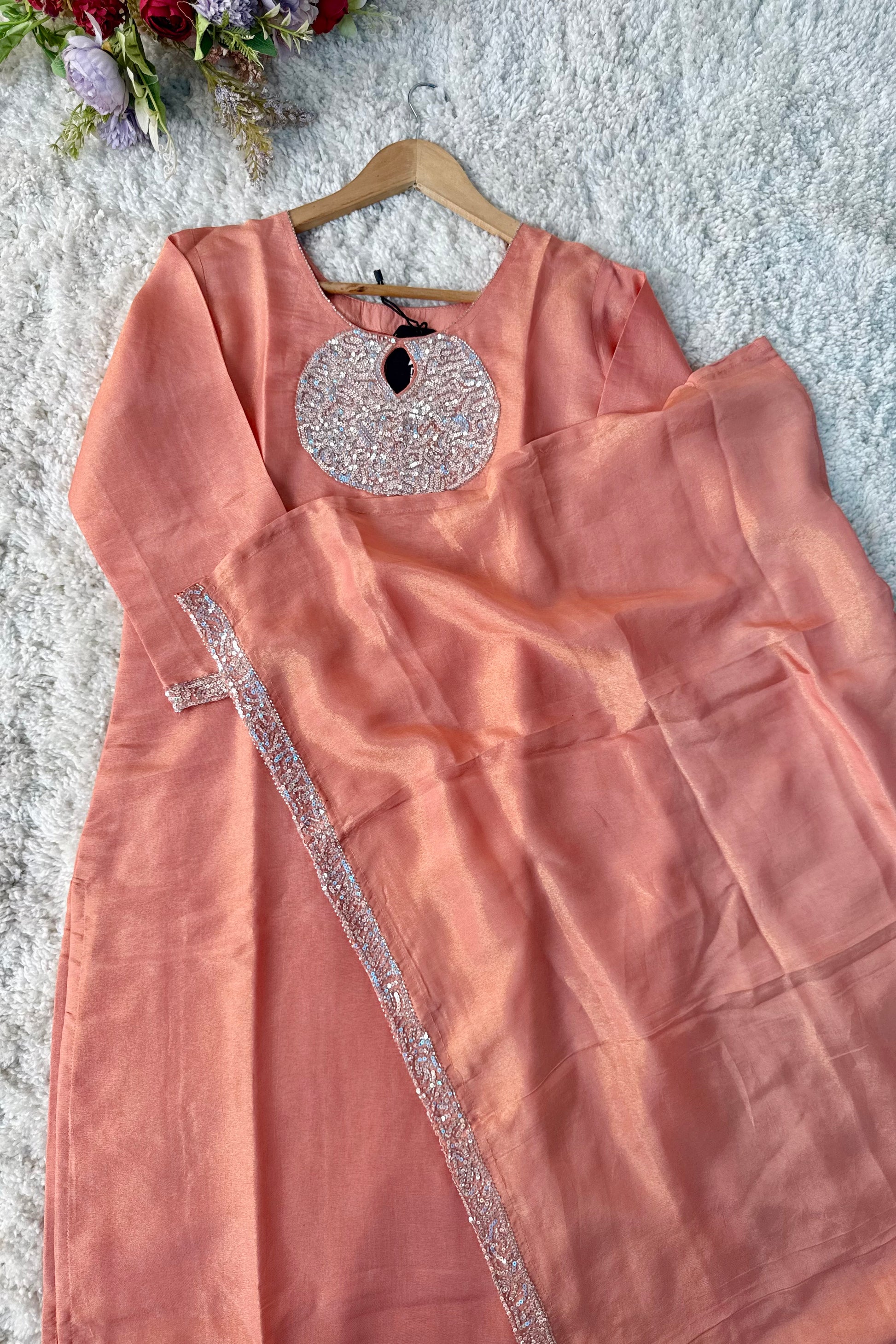 “SHINE” Beautiful Peach with gold tone shimmer tissue kurta set