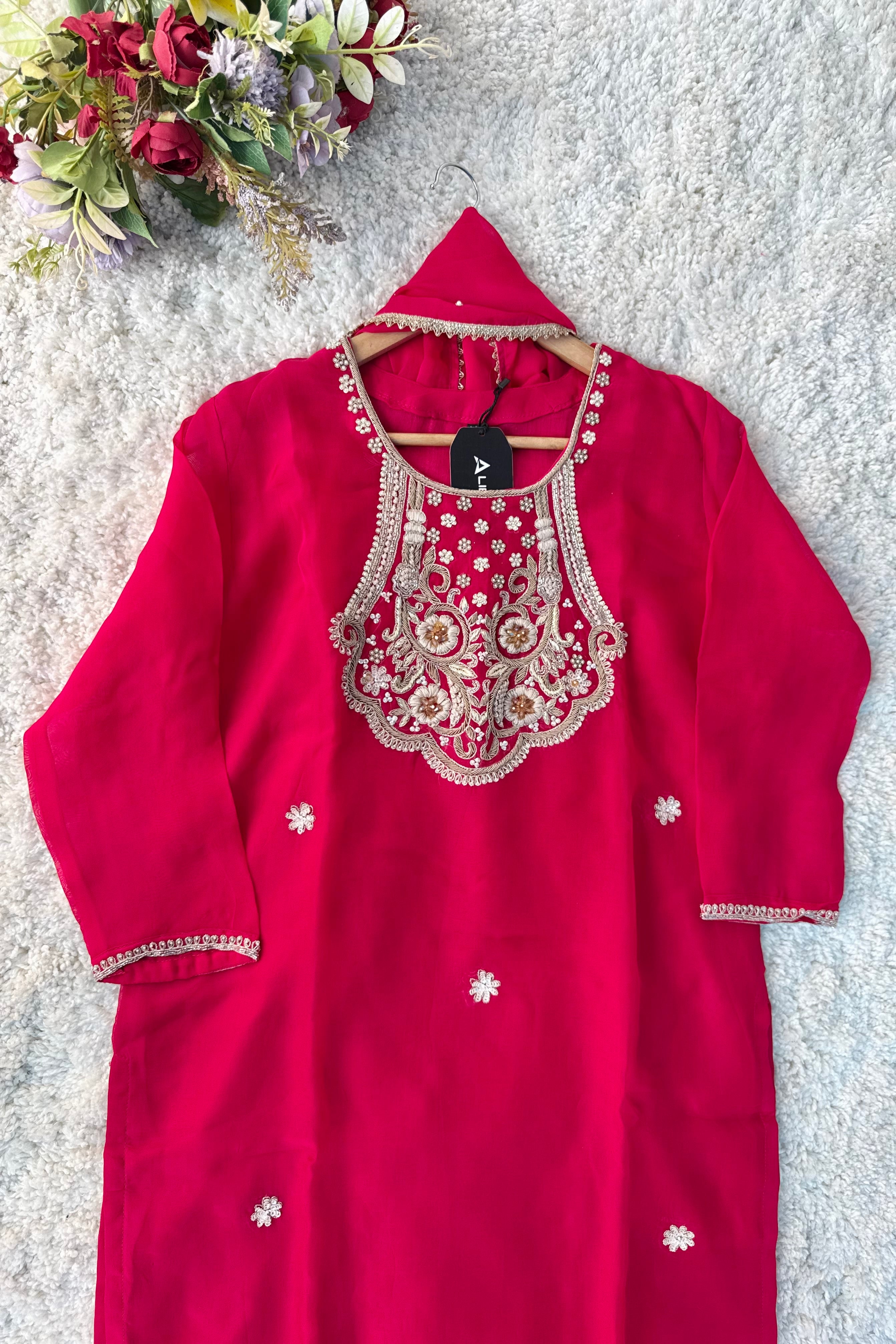 “Farah” party wear pink chinnon suit