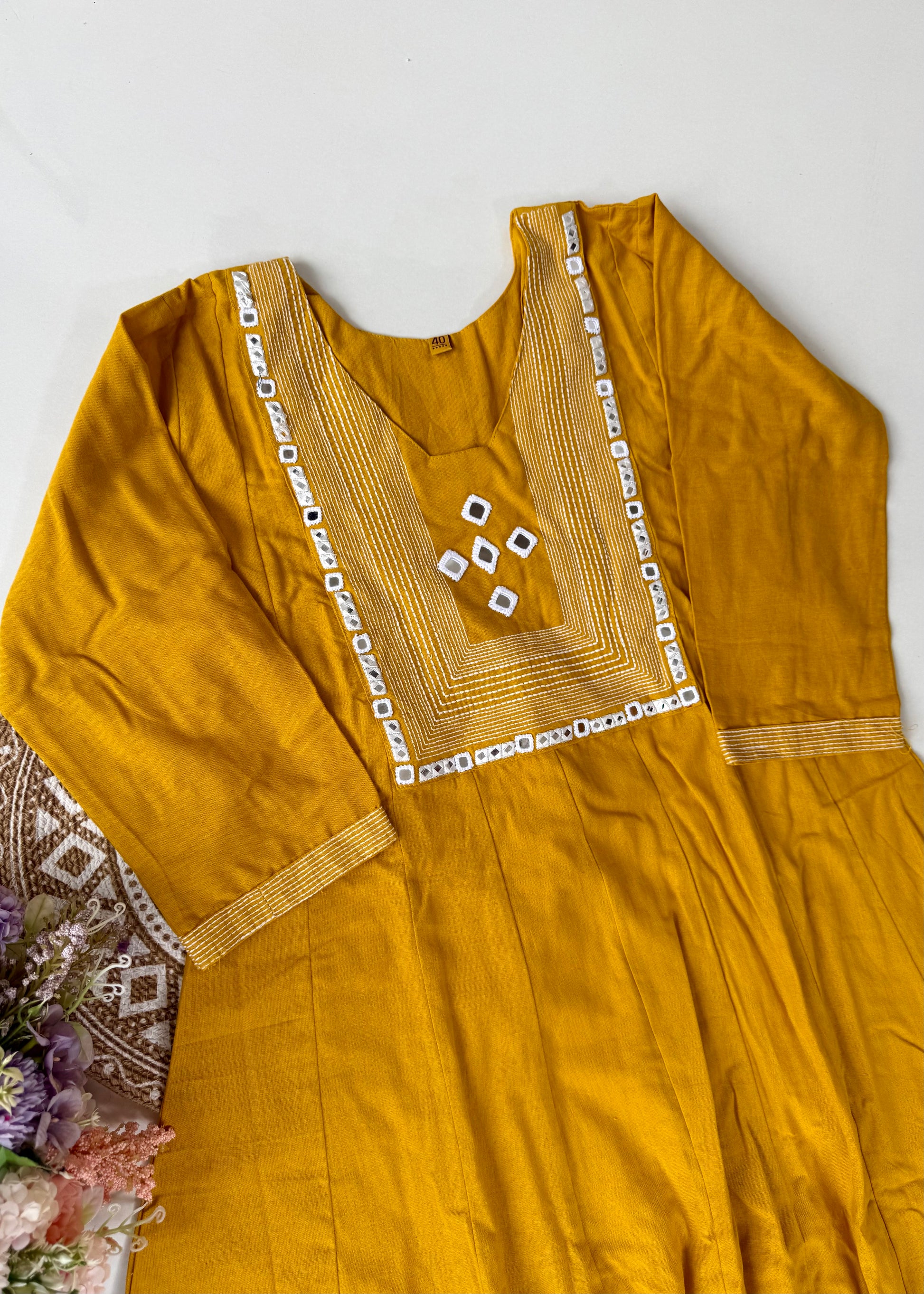 “IRYA" Yellow Mirror work cotton Anarkali kurta set