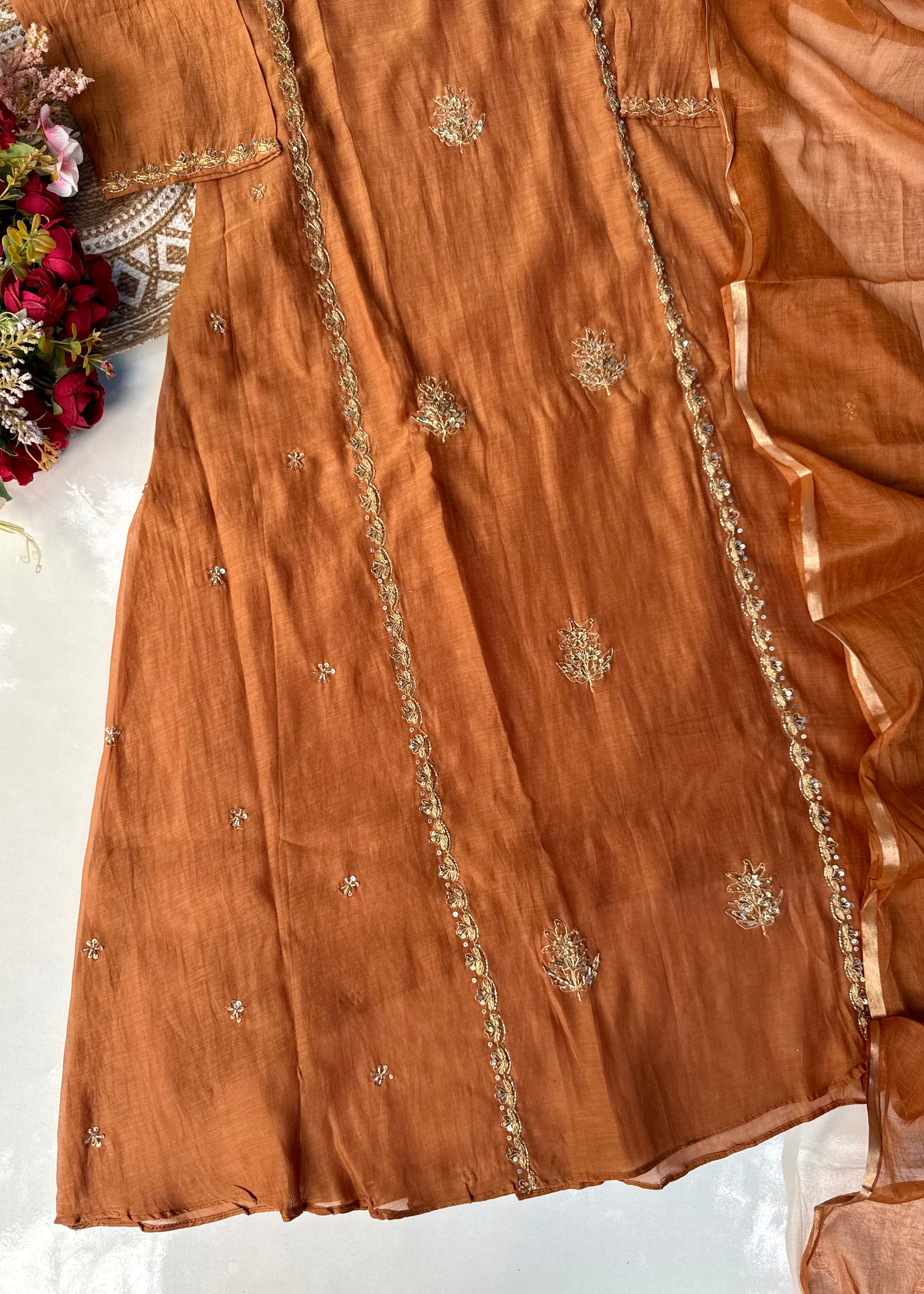 “Ujjwal” Copper Brown Mul Chanderi A Line Suit set 🛍️